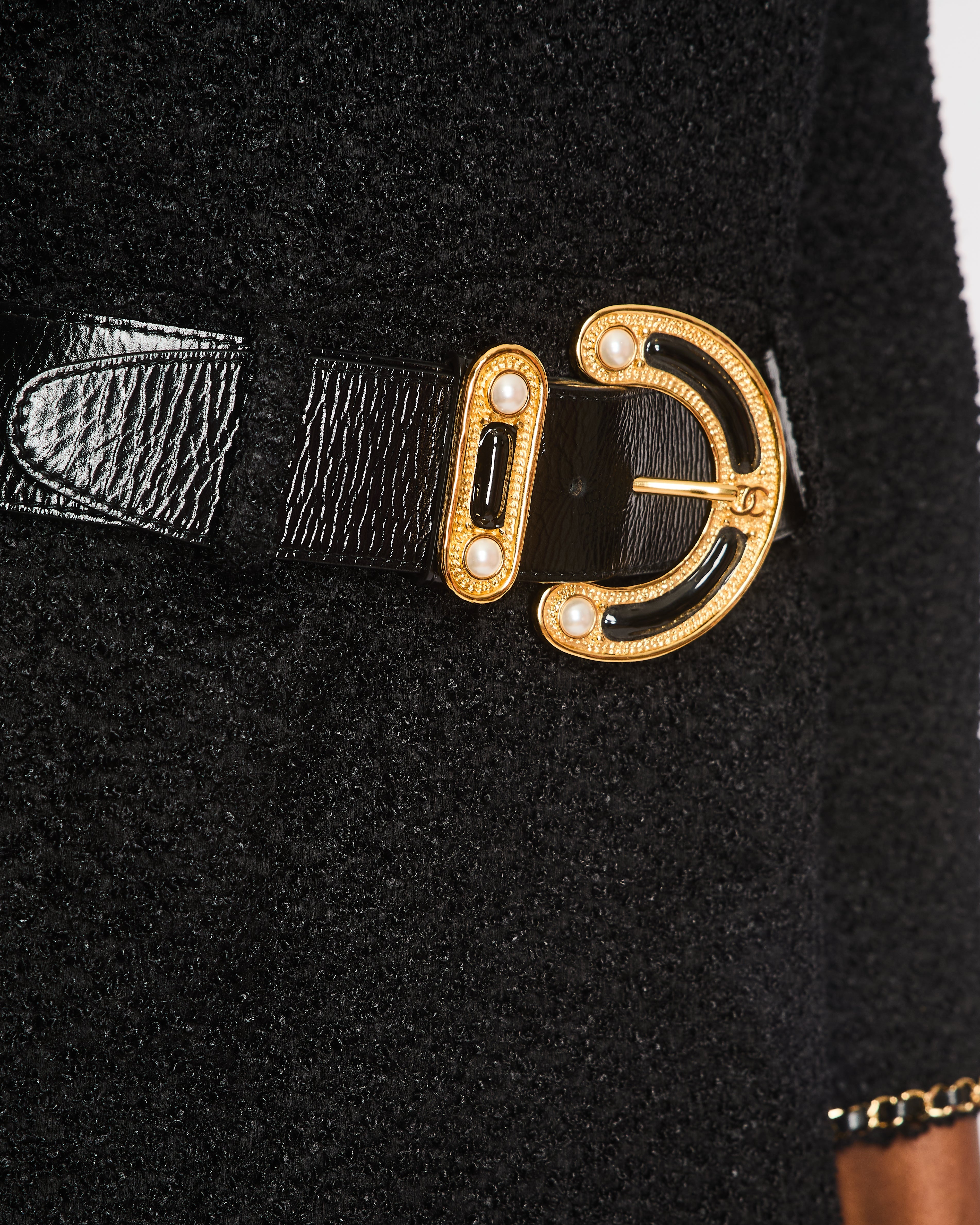 Chanel 19/A Black Long Sleeve Tweed Dress with Chain Trim and Belt Detail Size FR 38 (UK 10)