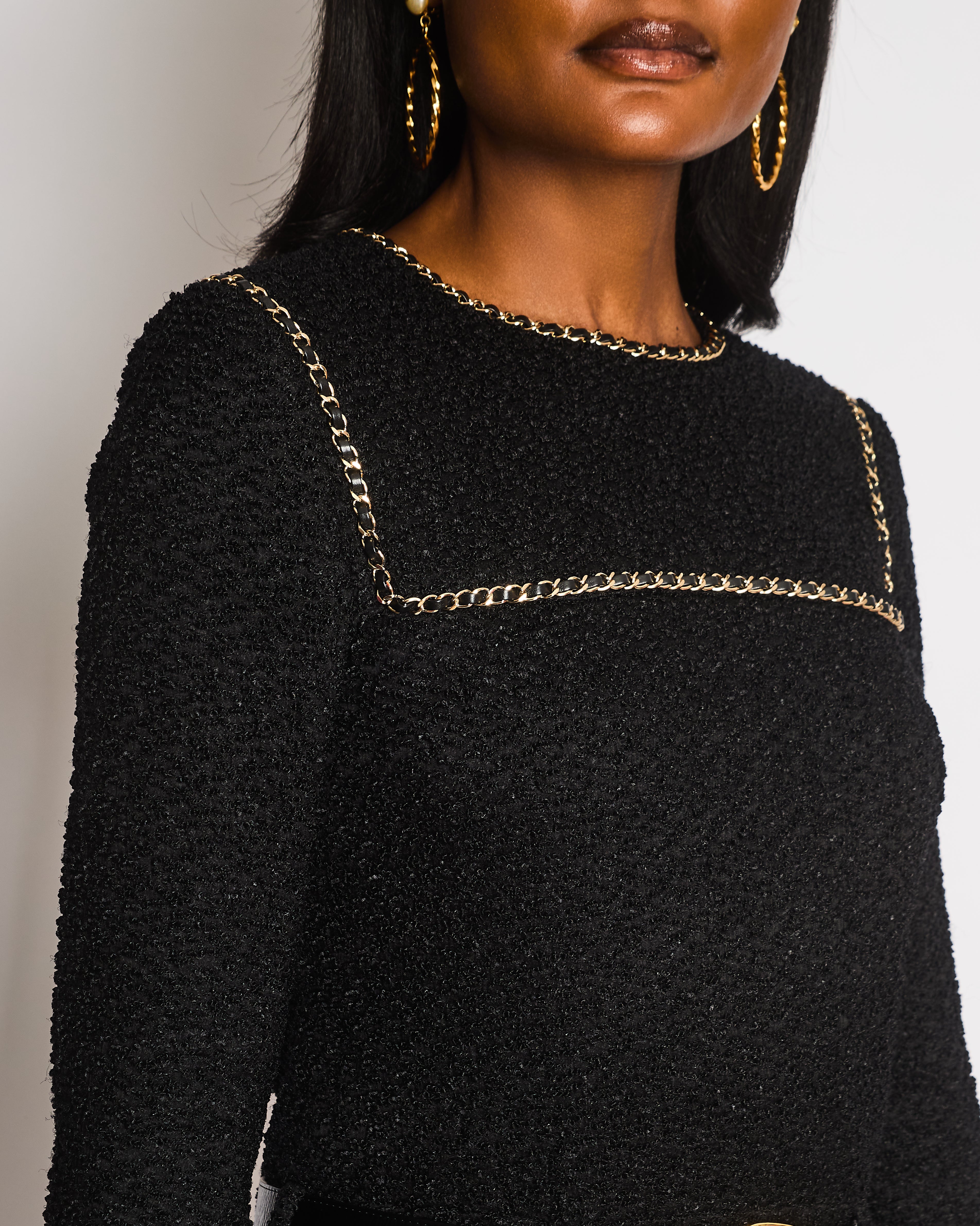 Chanel 19/A Black Long Sleeve Tweed Dress with Chain Trim and Belt Detail Size FR 38 (UK 10)