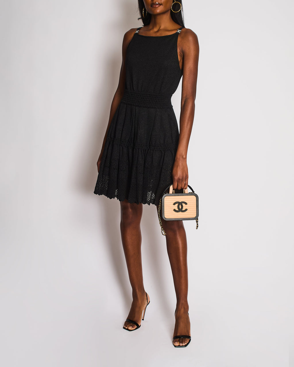 Chanel 20/S Black Sleeveless Knitted Midi Dress with CC Diamante Detail Size FR 38 (UK 10)