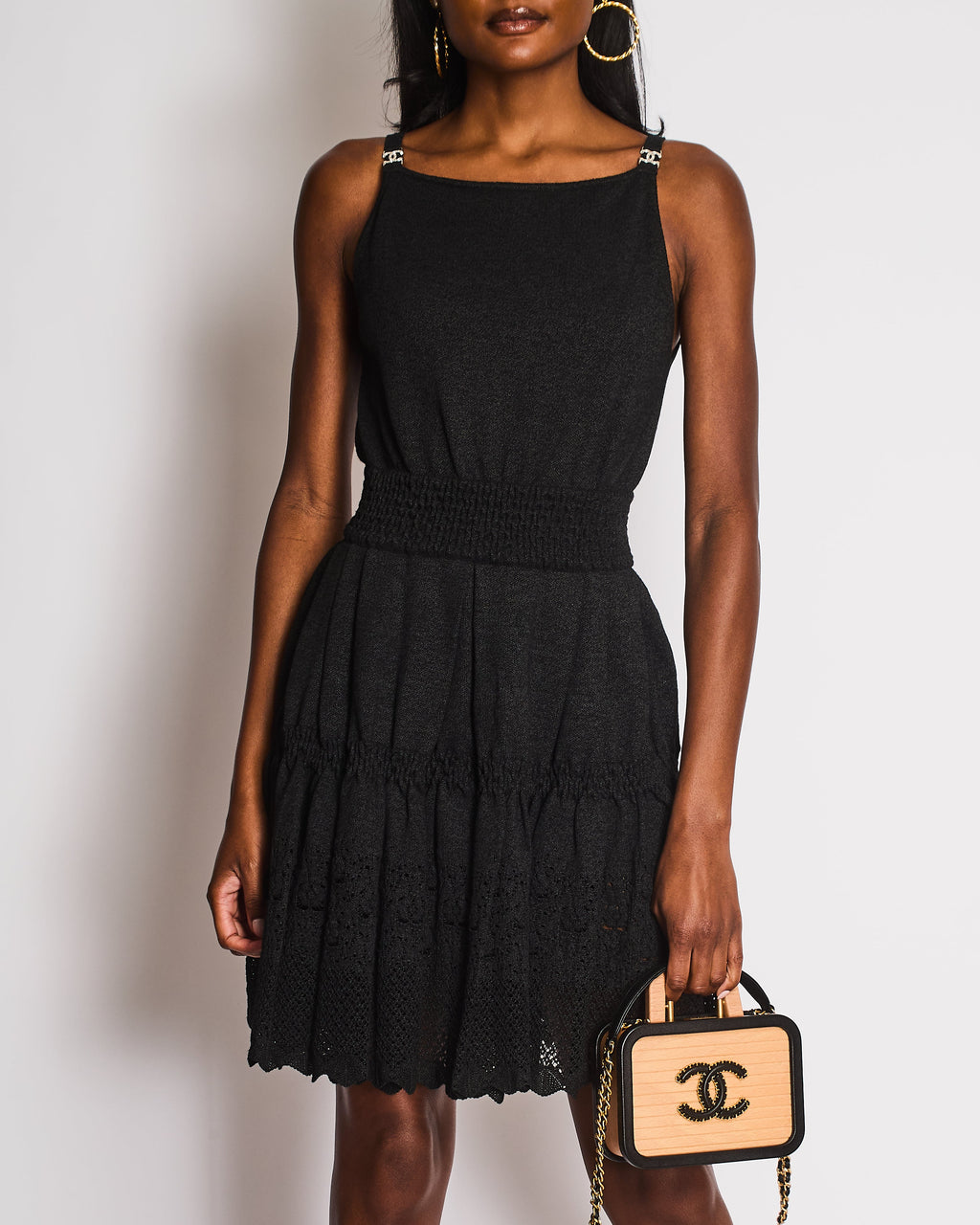 Chanel 20/S Black Sleeveless Knitted Midi Dress with CC Diamante Detail Size FR 38 (UK 10)