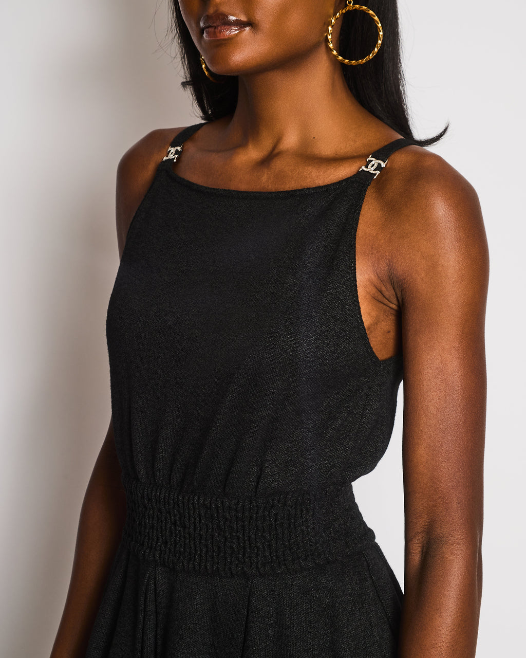 Chanel 20/S Black Sleeveless Knitted Midi Dress with CC Diamante Detail Size FR 38 (UK 10)