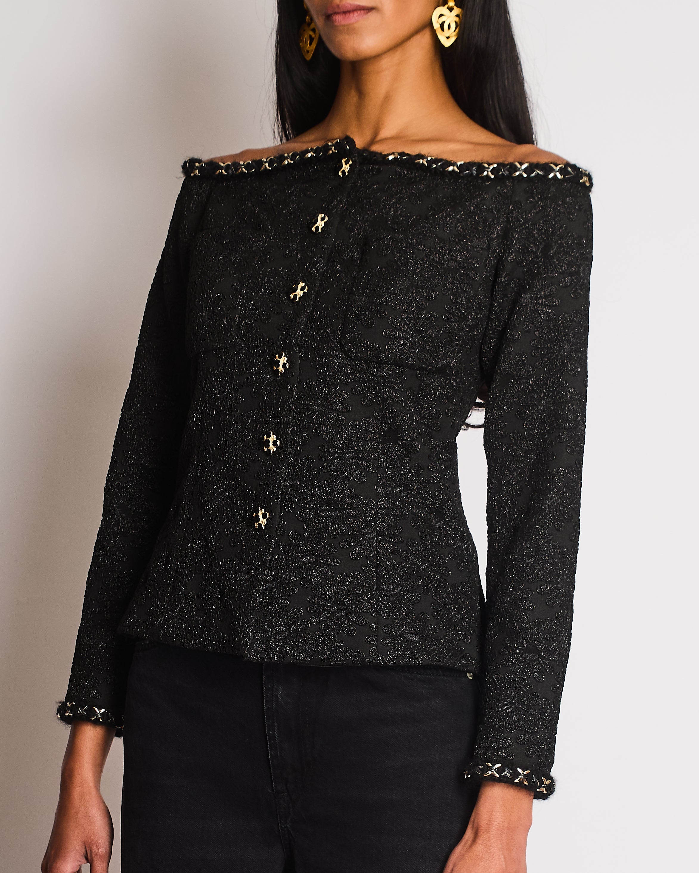 Chanel 21/A Black Off-Shoulder Floral Top with Chain Trim Detail Size FR 36 (UK 8)