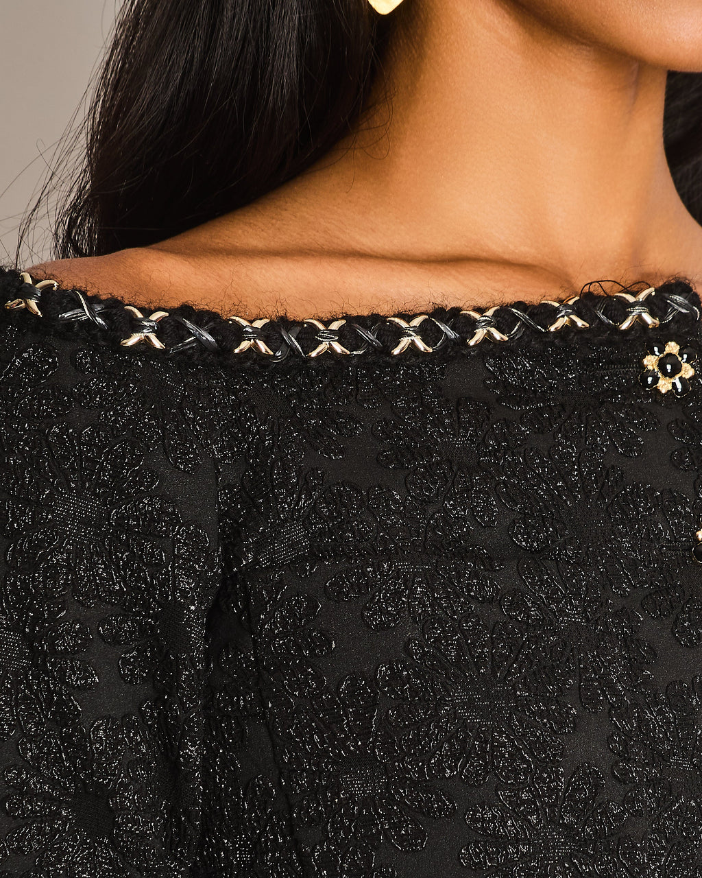 Chanel 21/A Black Off-Shoulder Floral Top with Chain Trim Detail Size FR 36 (UK 8)