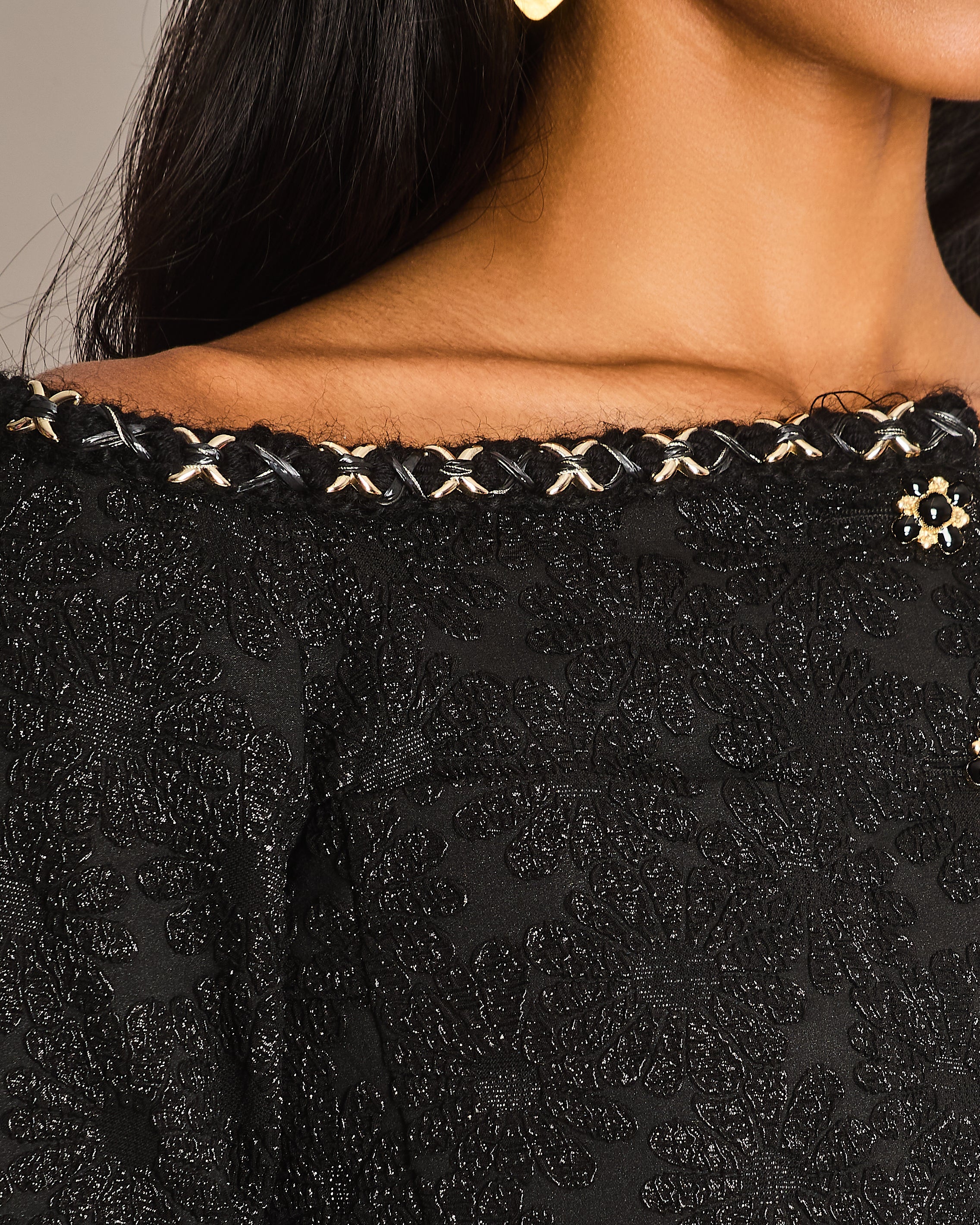 Chanel 21/A Black Off-Shoulder Floral Top with Chain Trim Detail Size FR 36 (UK 8)