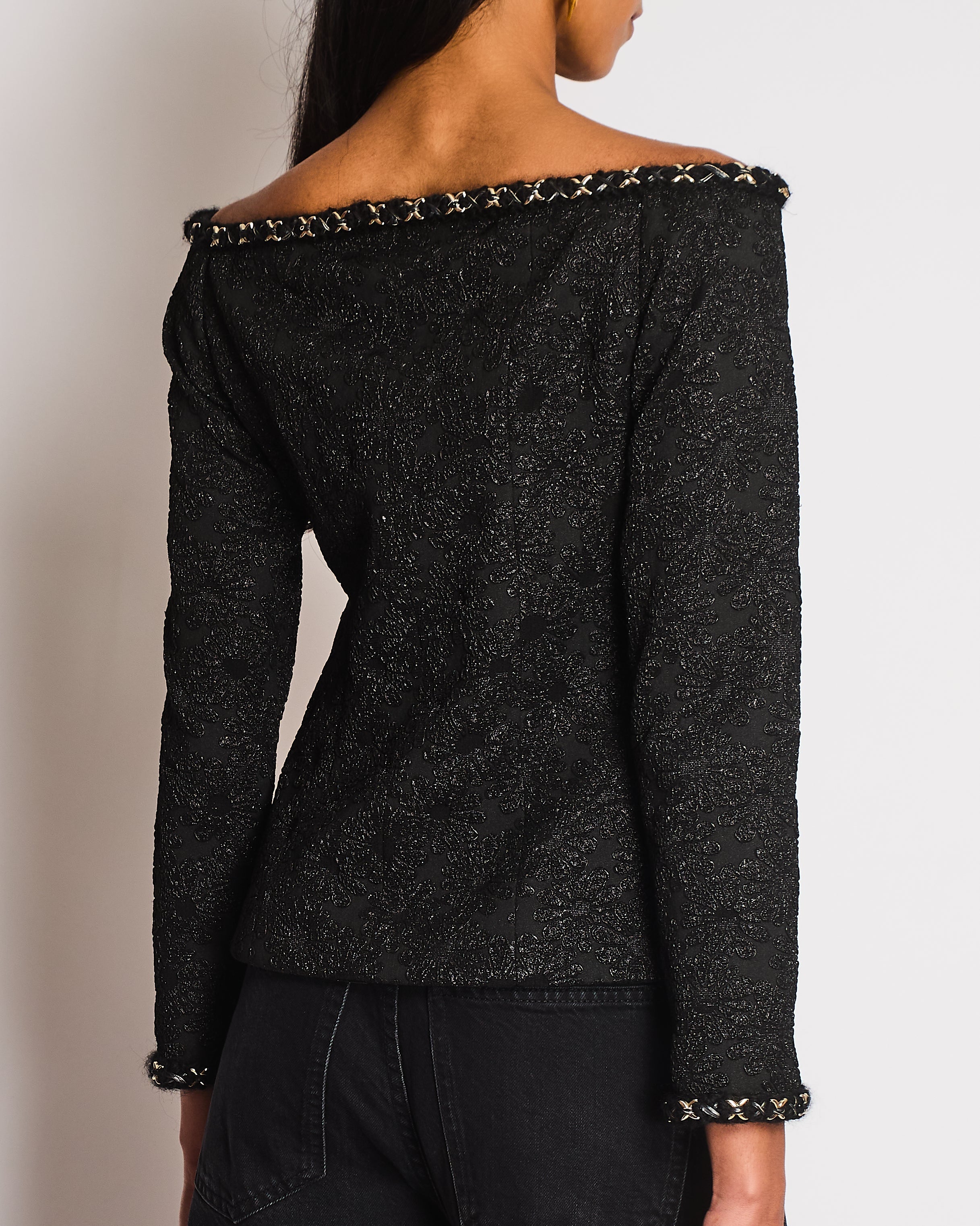 Chanel 21/A Black Off-Shoulder Floral Top with Chain Trim Detail Size FR 36 (UK 8)