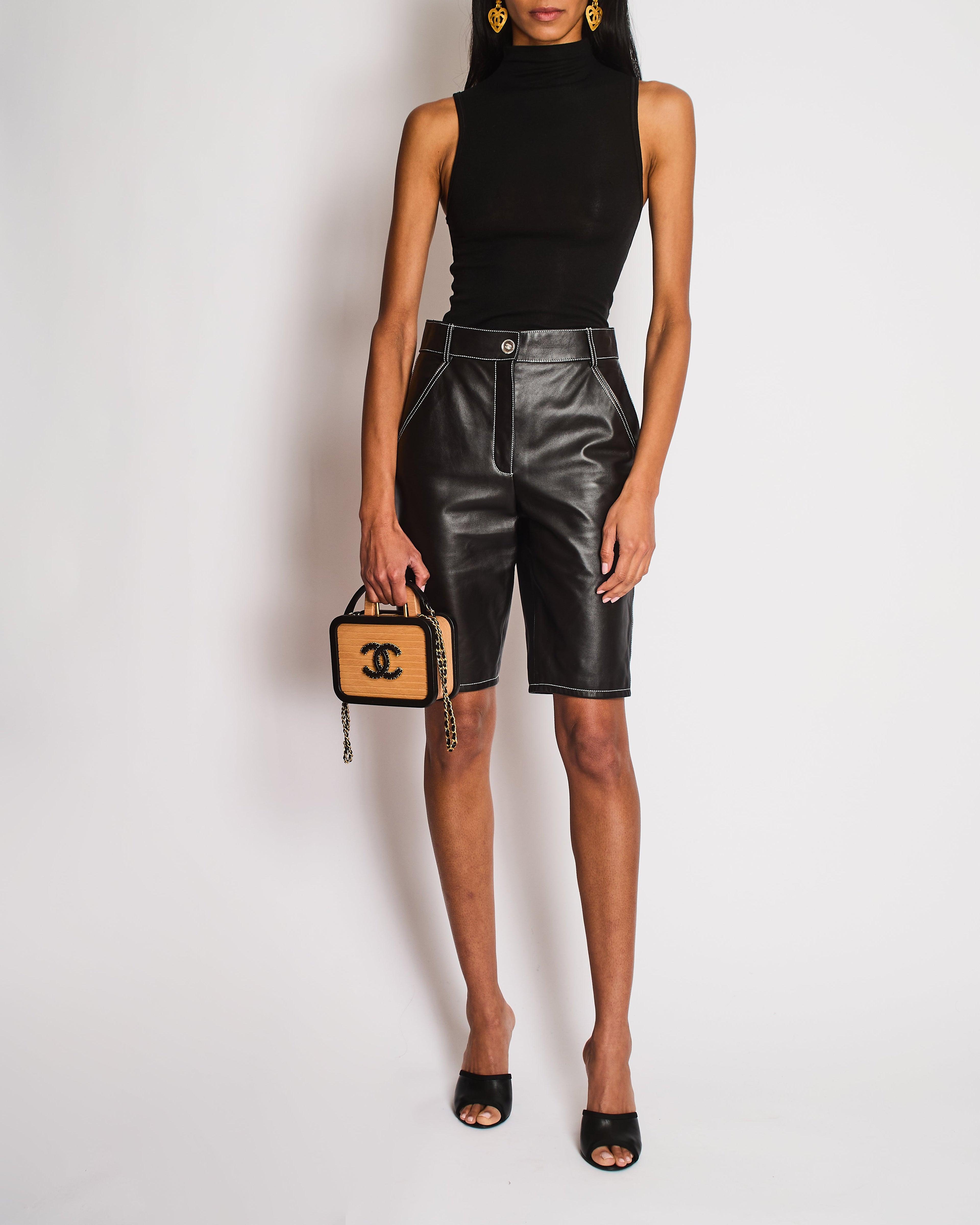 Chanel Black Leather Shorts with White Stitching Contrast and CC Logo Button Size FR 36 (UK 8)