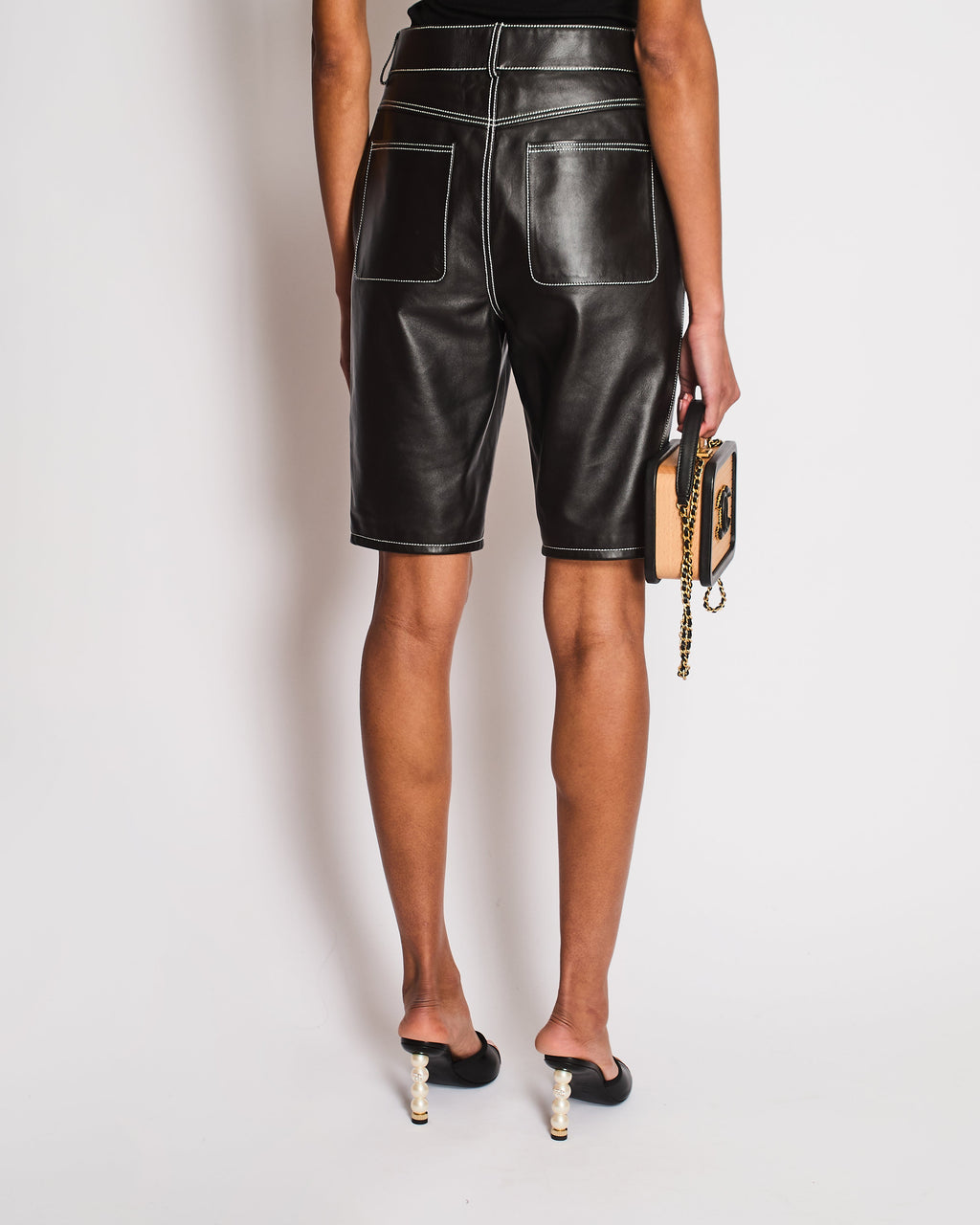 Chanel Black Leather Shorts with White Stitching Contrast and CC Logo Button Size FR 36 (UK 8)