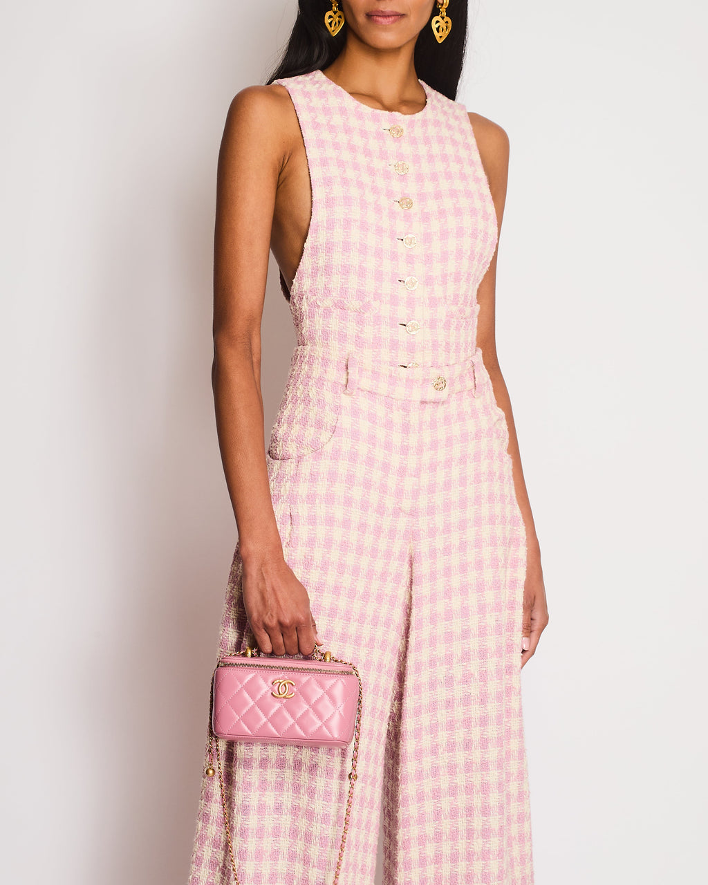 Chanel 23/S Pink and Cream Sleeveless Houndstooth Jumpsuit with CC Logo Detail Size FR 34 (UK 6) (Copy)