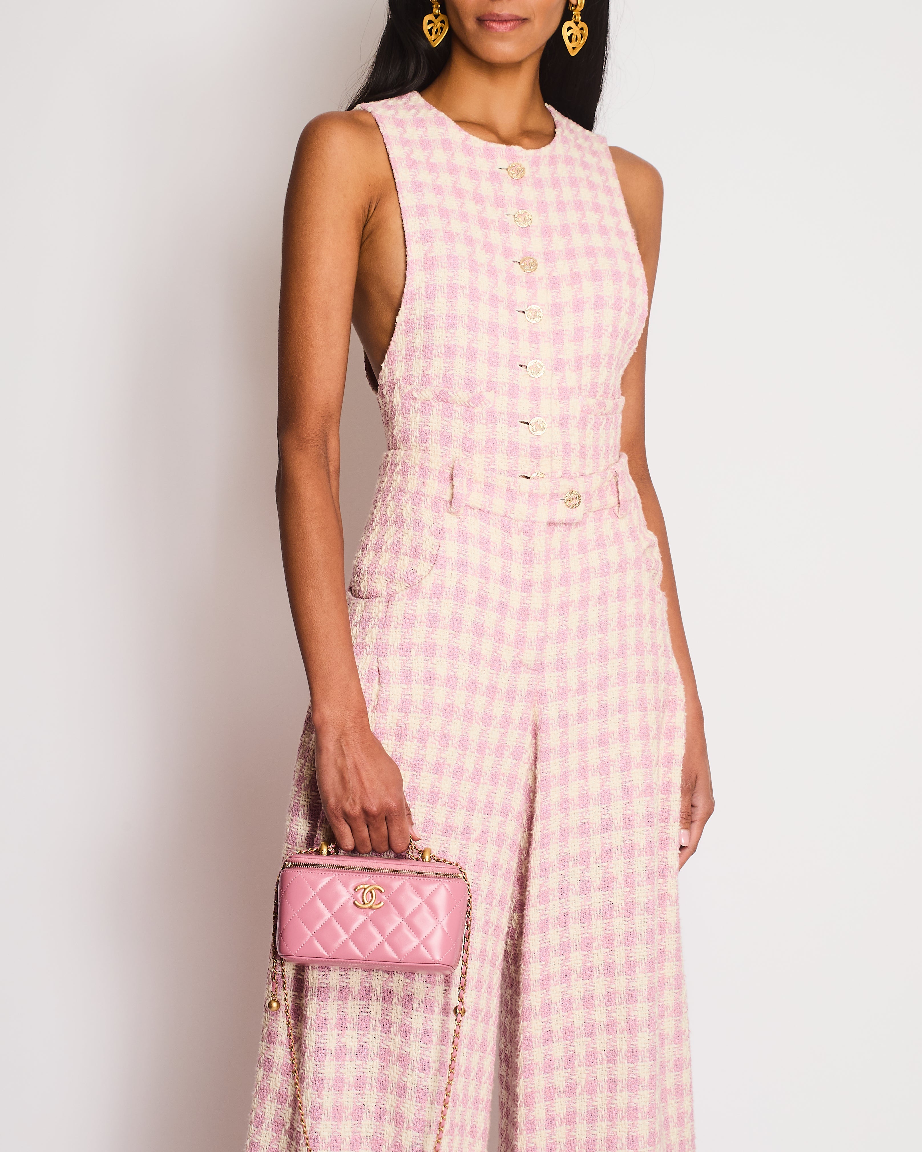 Chanel 23/S Pink and Cream Sleeveless Houndstooth Jumpsuit with CC Logo Detail Size FR 34 (UK 6) (Copy)