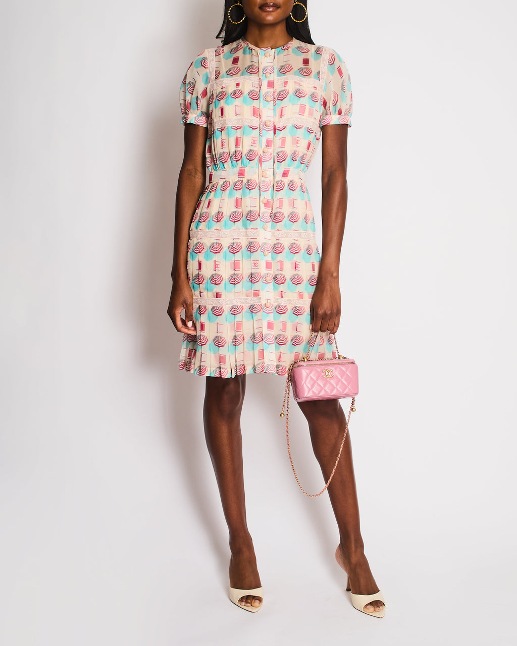 Chanel 19/S Pink CC Short Sleeve Round Neck Lace Umbrella Printed Dress Size FR 36 (UK 8)