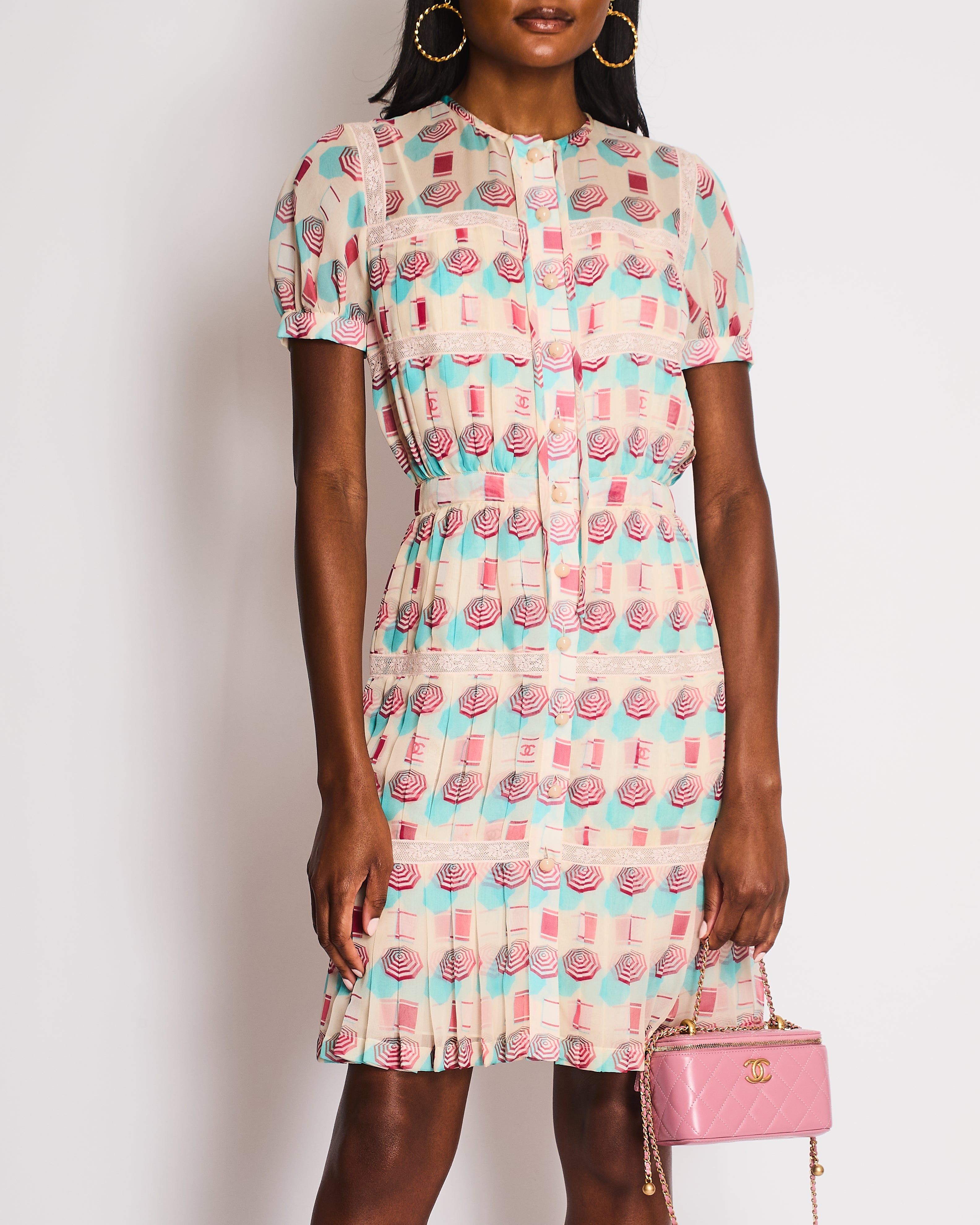 Chanel 19/S Pink CC Short Sleeve Round Neck Lace Umbrella Printed Dress Size FR 36 (UK 8)