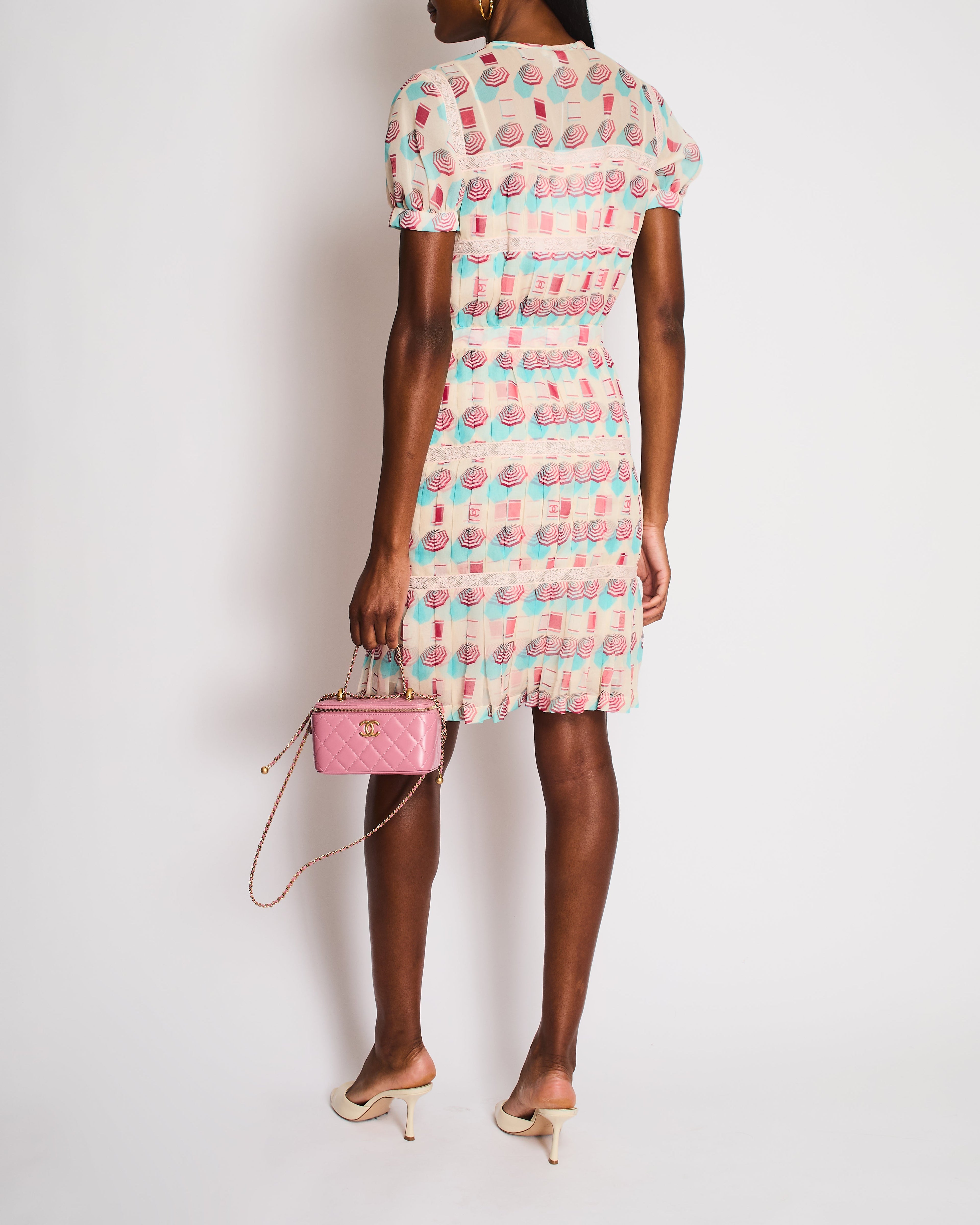 Chanel 19/S Pink CC Short Sleeve Round Neck Lace Umbrella Printed Dress Size FR 36 (UK 8)