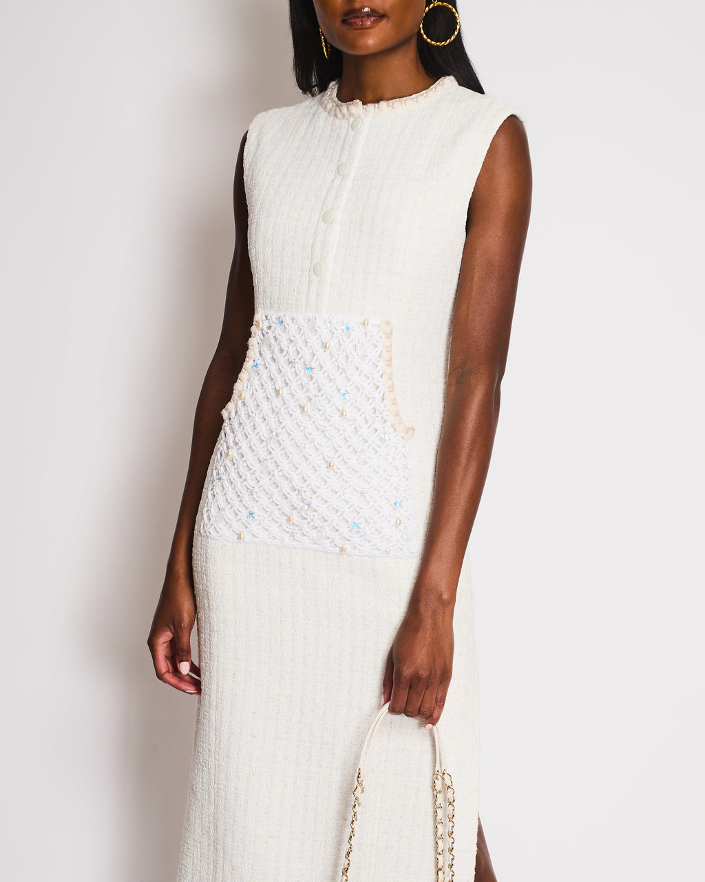 Chanel White Sleeveless Tweed Dress with Crochet Embellished Panel Detail Size FR 36 (UK 8)