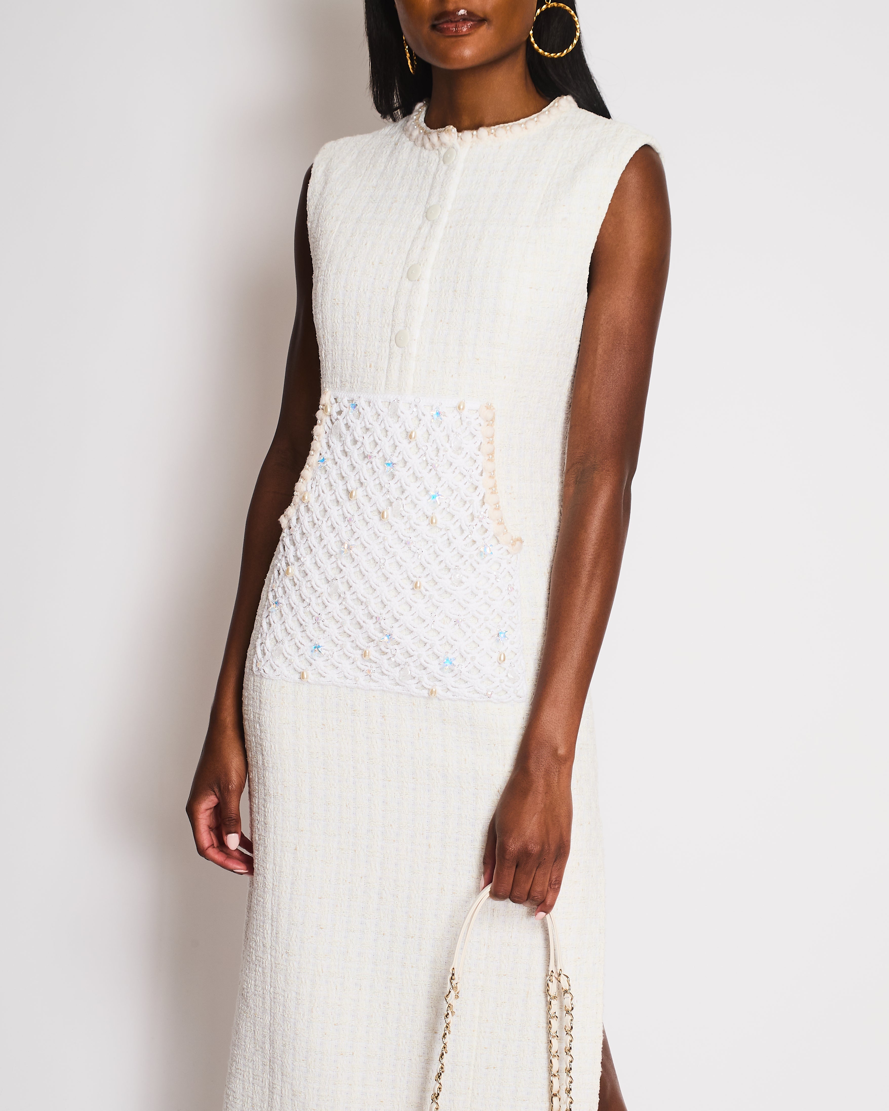 Chanel White Sleeveless Tweed Dress with Crochet Embellished Panel Detail Size FR 36 (UK 8)