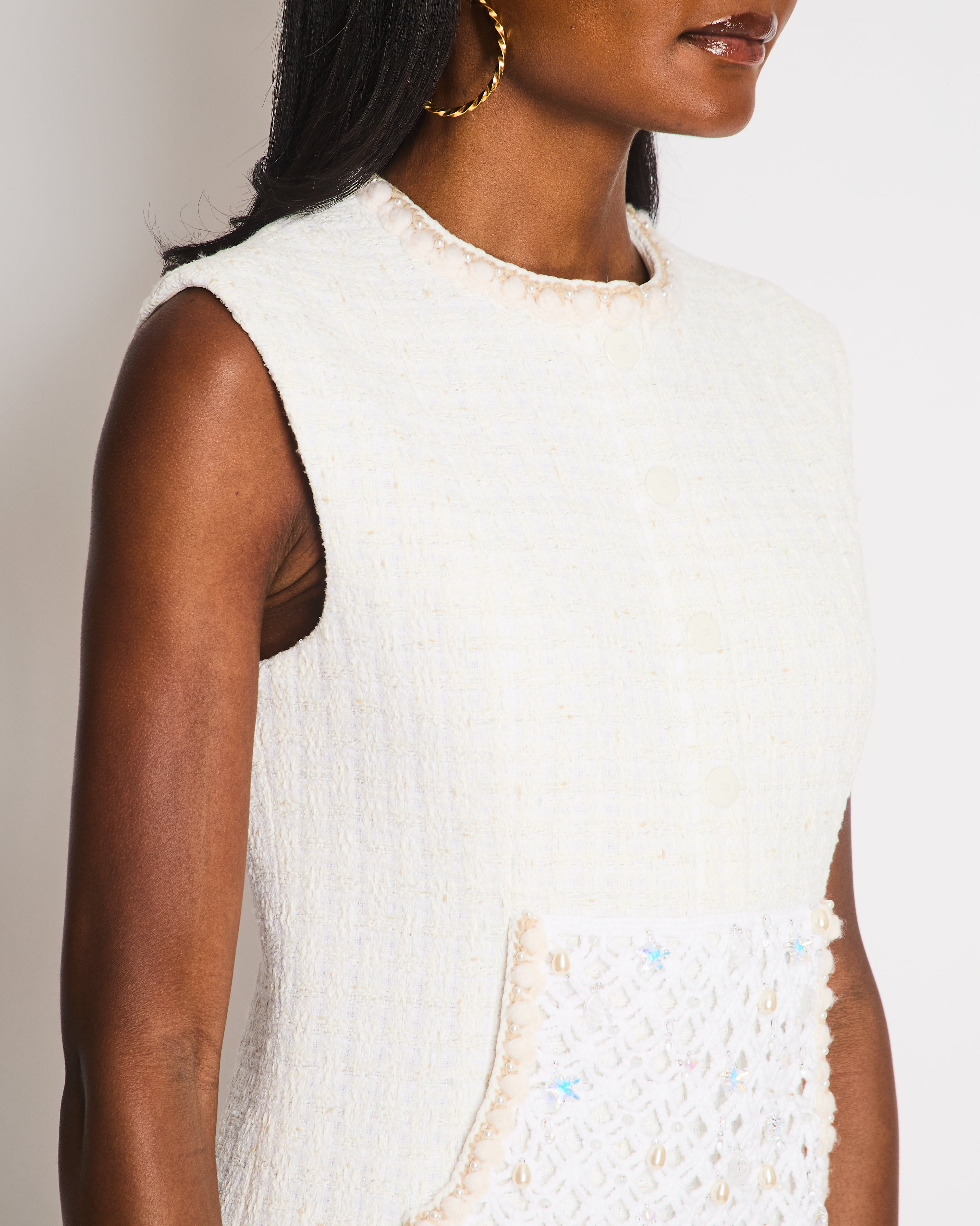 Chanel White Sleeveless Tweed Dress with Crochet Embellished Panel Detail Size FR 36 (UK 8)