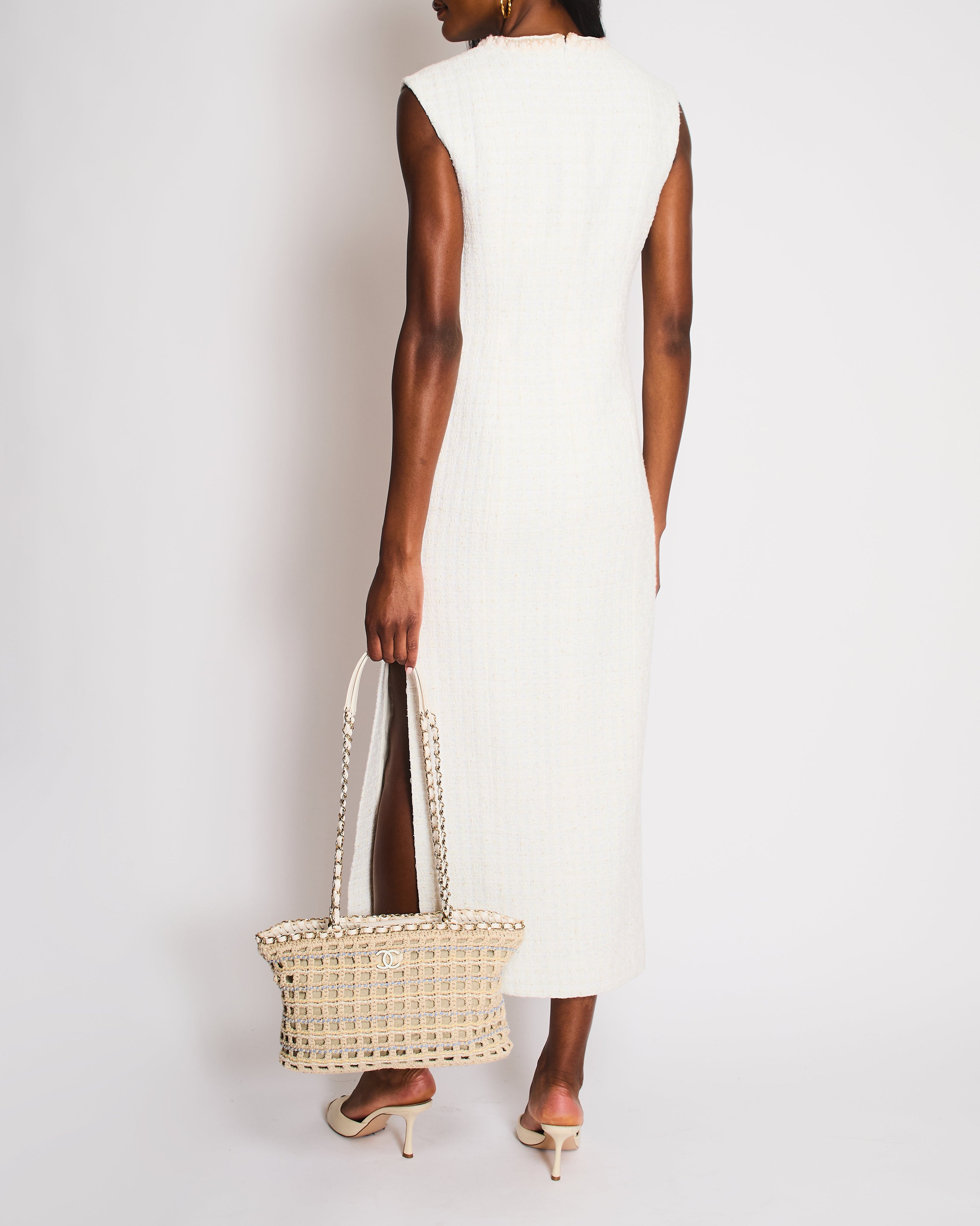 Chanel White Sleeveless Tweed Dress with Crochet Embellished Panel Detail Size FR 36 (UK 8)