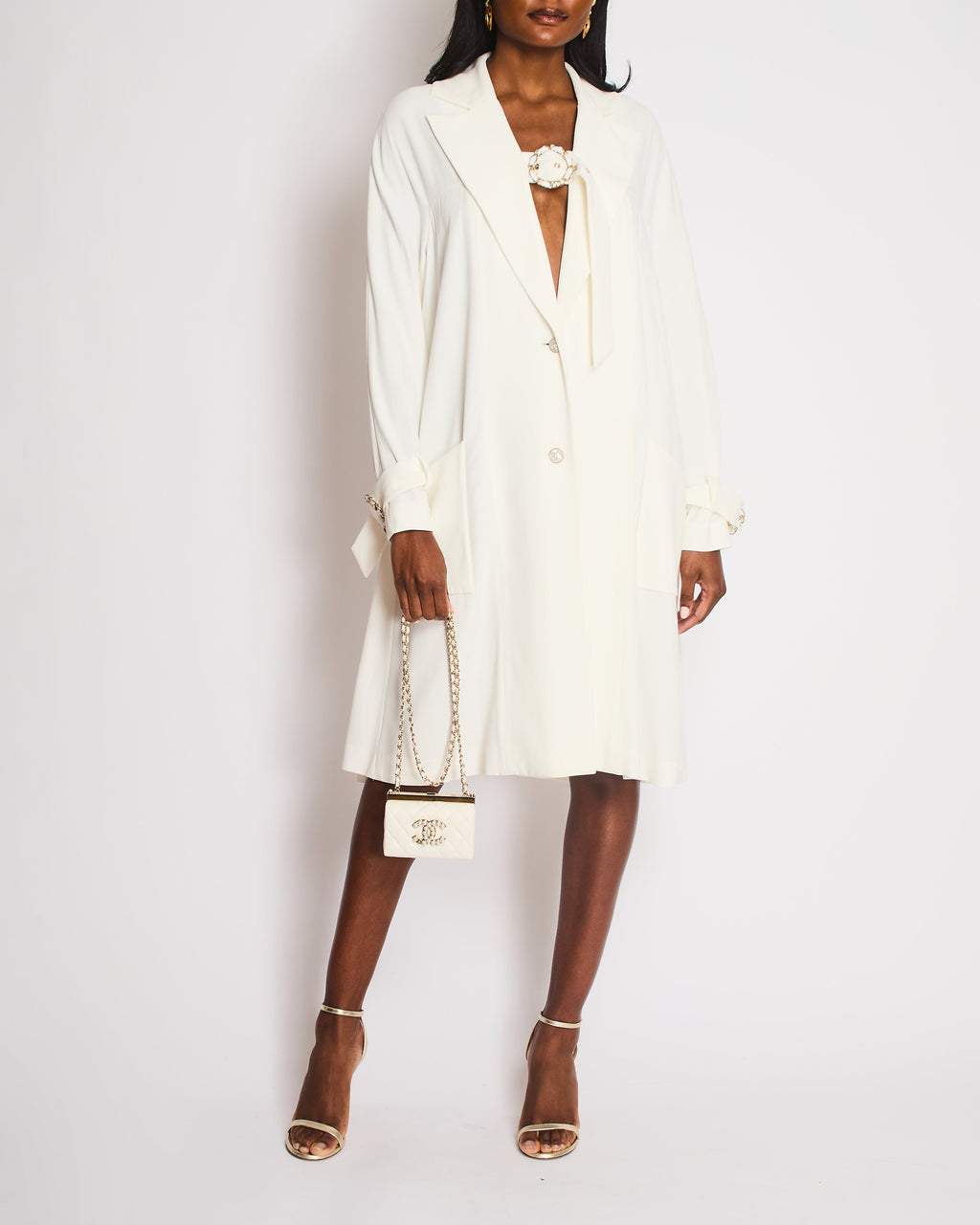 Chanel White Single Breasted Coat with Buckle Closure and CC Logo Button Detail Size FR 36 (UK 8)
