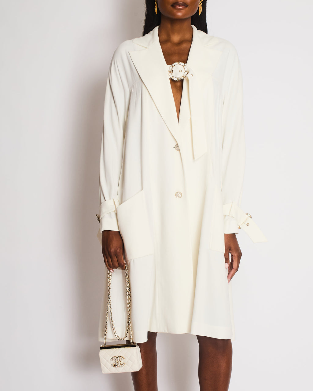 Chanel White Single Breasted Coat with Buckle Closure and CC Logo Button Detail Size FR 36 (UK 8)