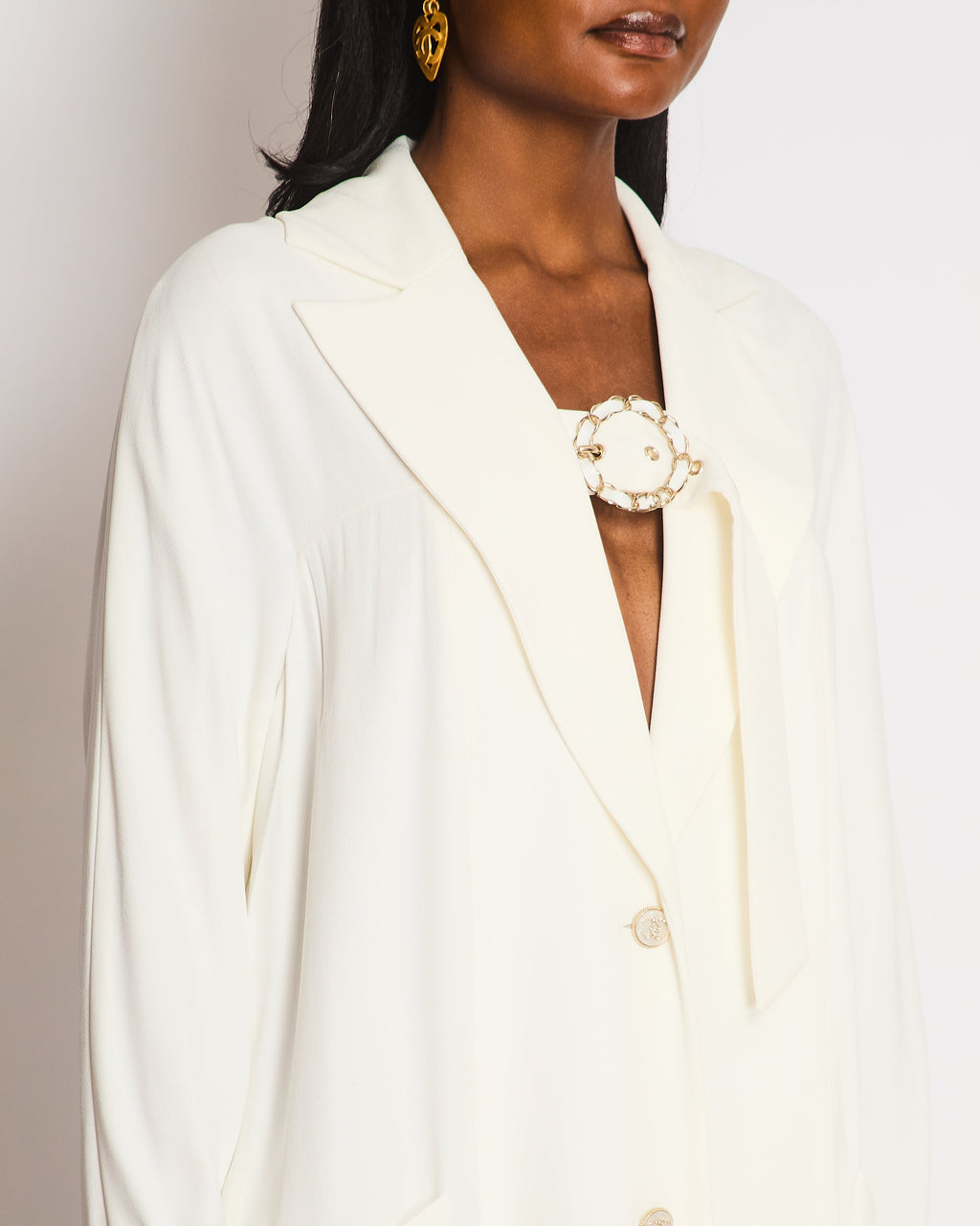 Chanel White Single Breasted Coat with Buckle Closure and CC Logo Button Detail Size FR 36 (UK 8)