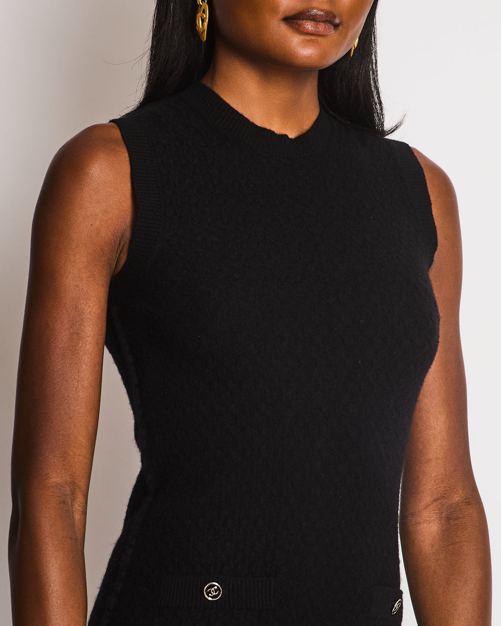 Chanel Black Sleeveless Knitted Dress with CC Logo Button Detail Size FR 36 (UK 8)