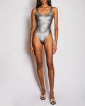 Chanel Silver Metallic One-Piece Swimsuit with Diamante CC Detail Size FR 34 (UK 6)