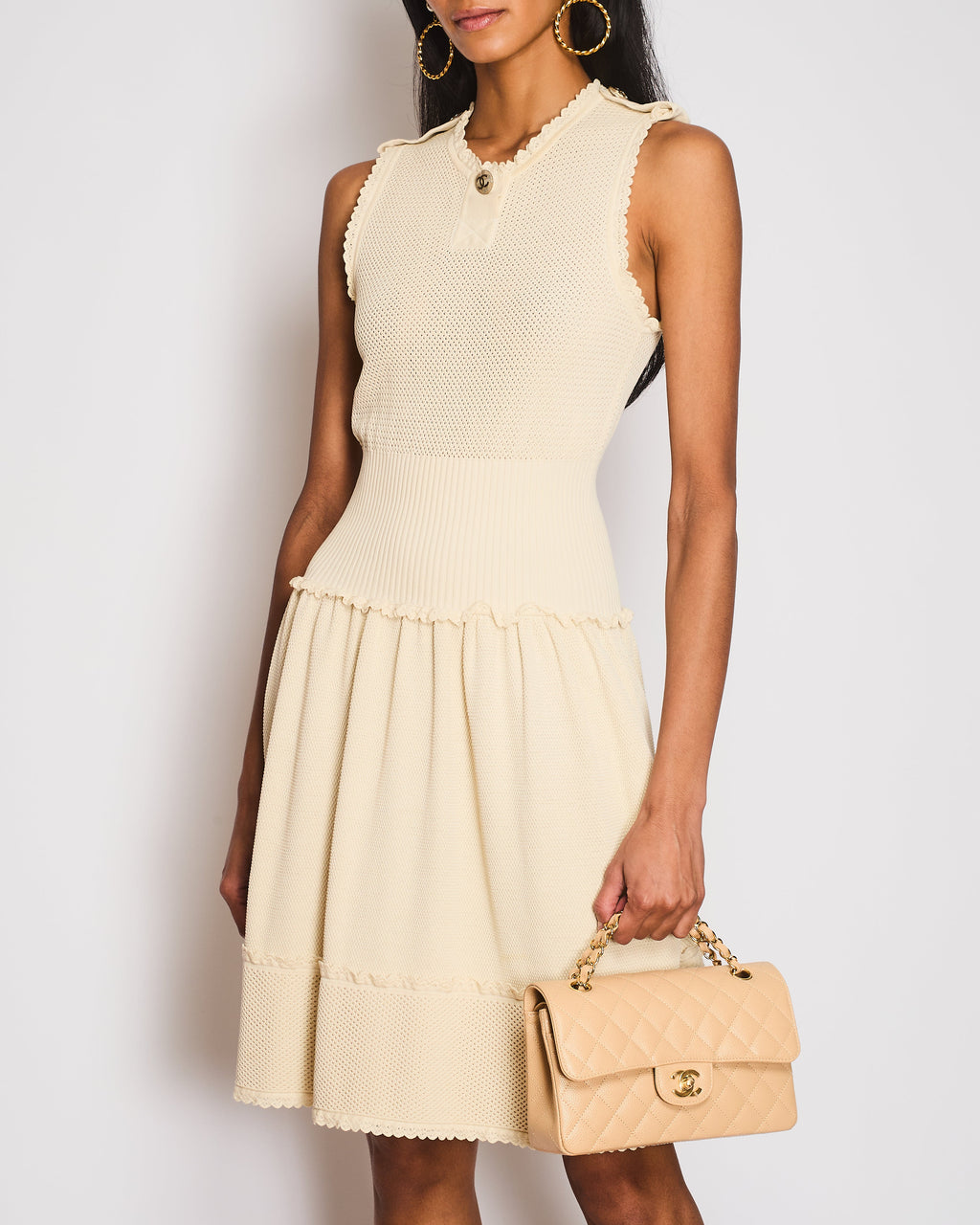 Chanel Beige Knitted Short Sleeves Dress With CC Logo Buttons Details Size FR 36 (UK 8)