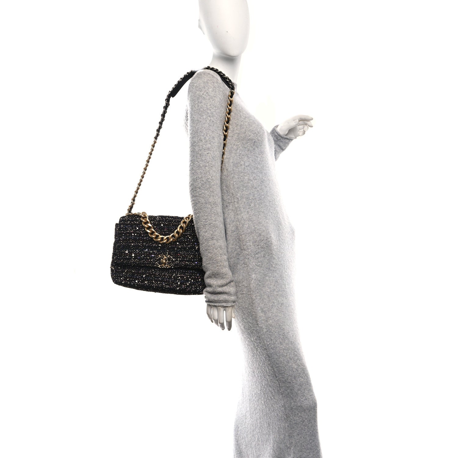 Chanel Tweed Sequin Quilted Medium Chanel 19 Flap Black Multicolor