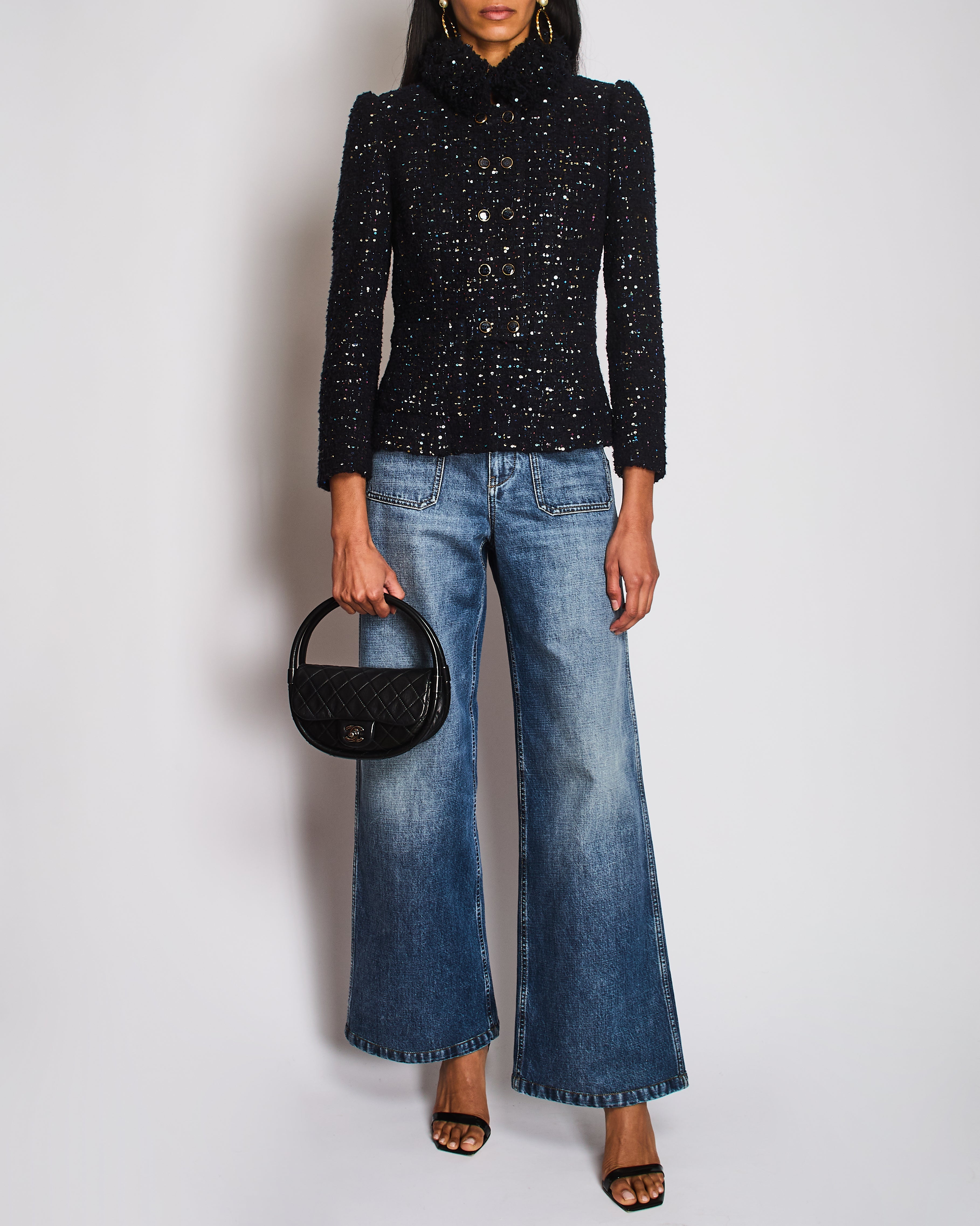 Chanel 2021 Le Chateau des Dames Navy Tweed Jacket with Multi-Colour Sequin Embellishments and Gold and Black CC Logo Buttons Size FR 34 (UK 6)