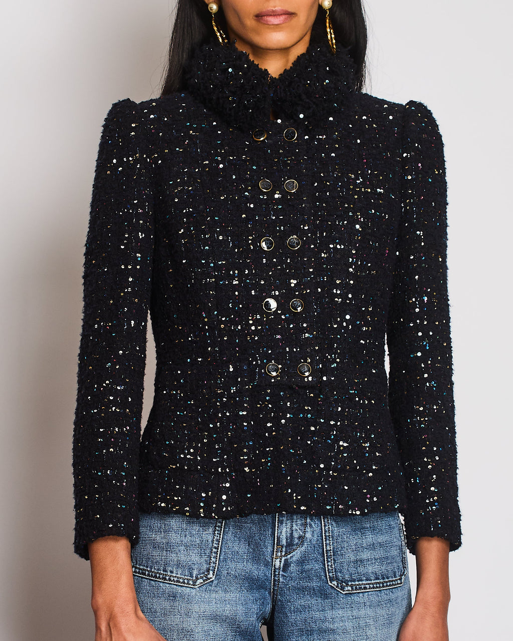 Chanel 2021 Le Chateau des Dames Navy Tweed Jacket with Multi-Colour Sequin Embellishments and Gold and Black CC Logo Buttons Size FR 34 (UK 6)
