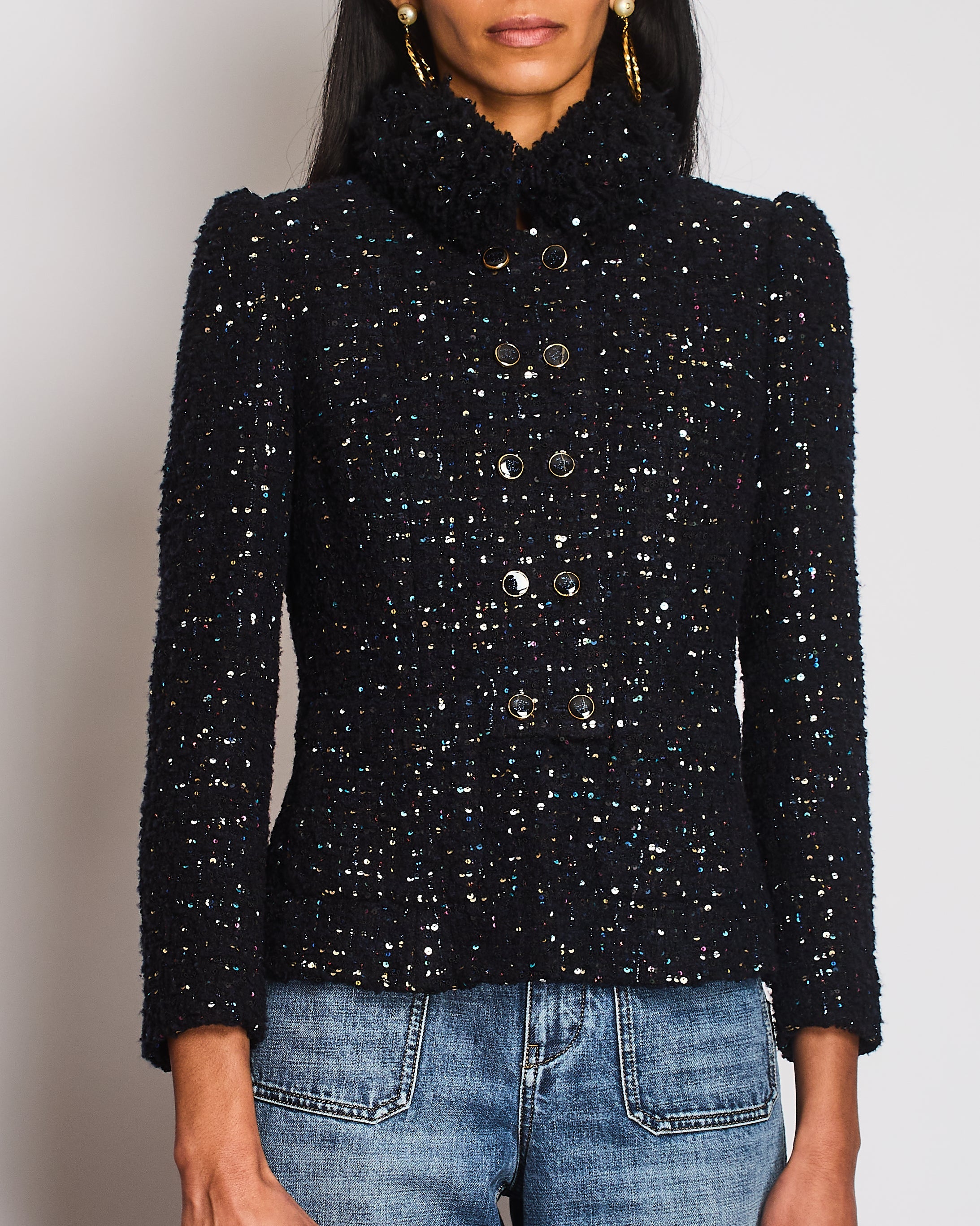 Chanel 2021 Le Chateau des Dames Navy Tweed Jacket with Multi-Colour Sequin Embellishments and Gold and Black CC Logo Buttons Size FR 34 (UK 6)