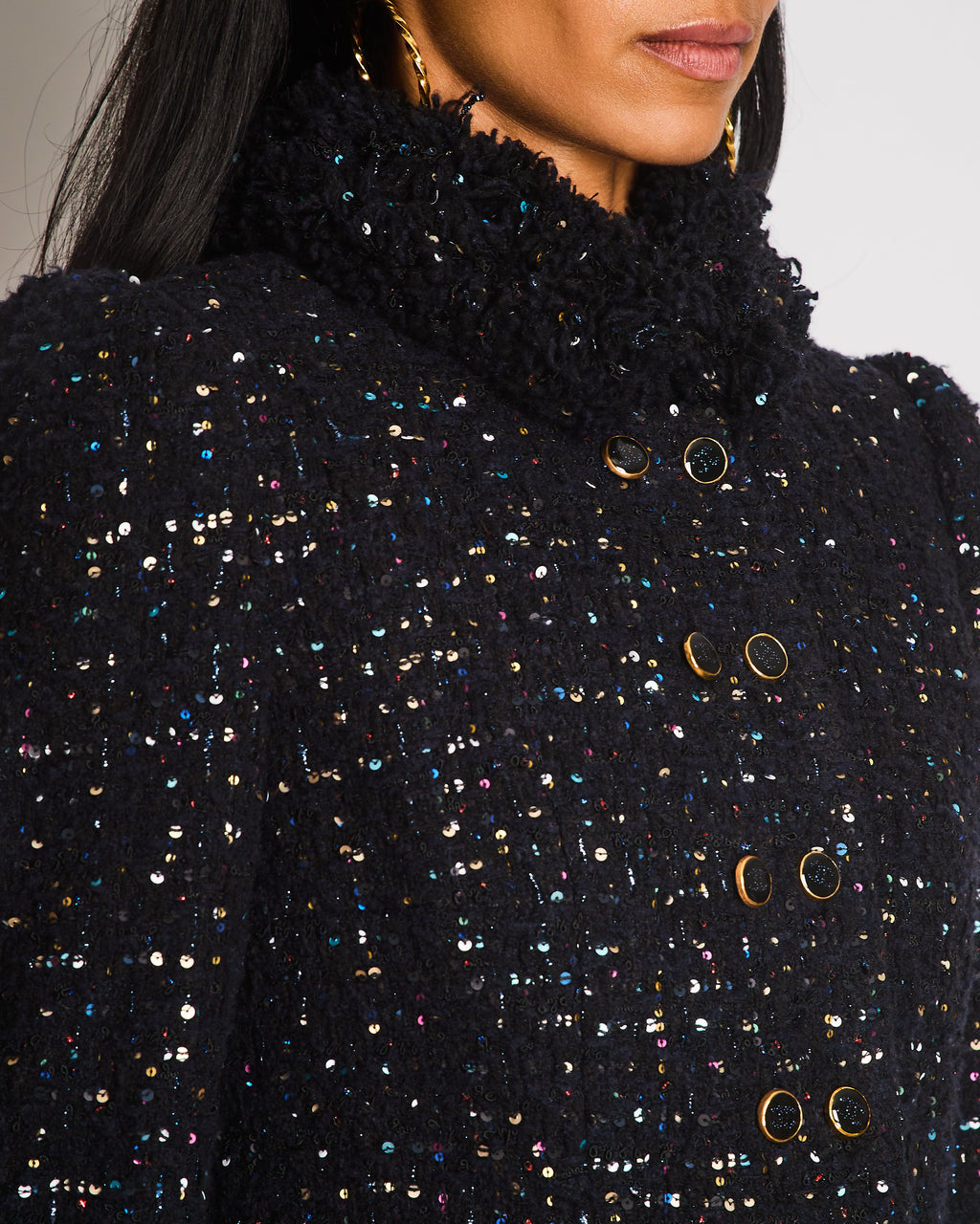 Chanel 2021 Le Chateau des Dames Navy Tweed Jacket with Multi-Colour Sequin Embellishments and Gold and Black CC Logo Buttons Size FR 34 (UK 6)
