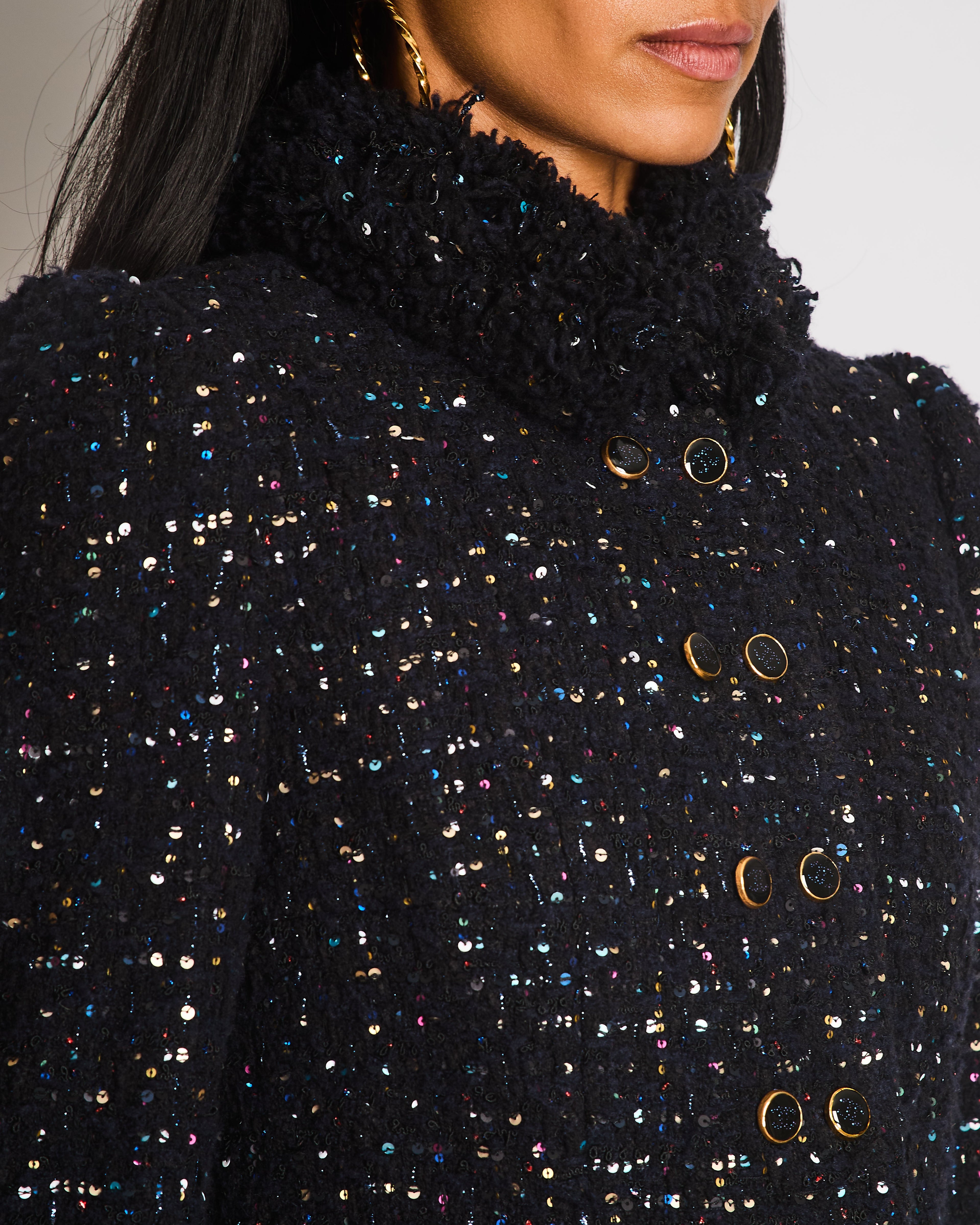 Chanel 2021 Le Chateau des Dames Navy Tweed Jacket with Multi-Colour Sequin Embellishments and Gold and Black CC Logo Buttons Size FR 34 (UK 6)