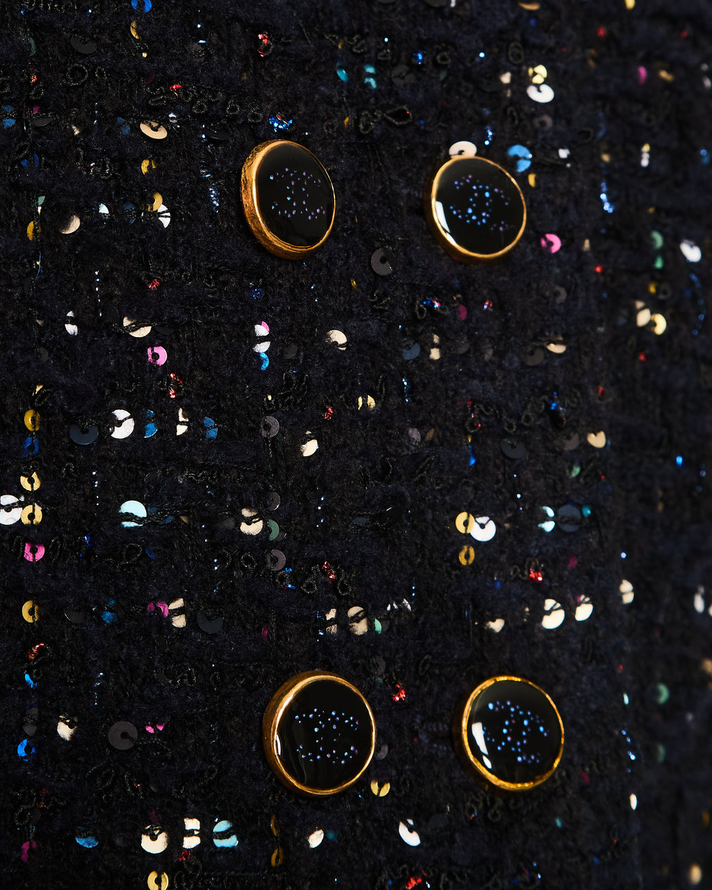 Chanel 2021 Le Chateau des Dames Navy Tweed Jacket with Multi-Colour Sequin Embellishments and Gold and Black CC Logo Buttons Size FR 34 (UK 6)