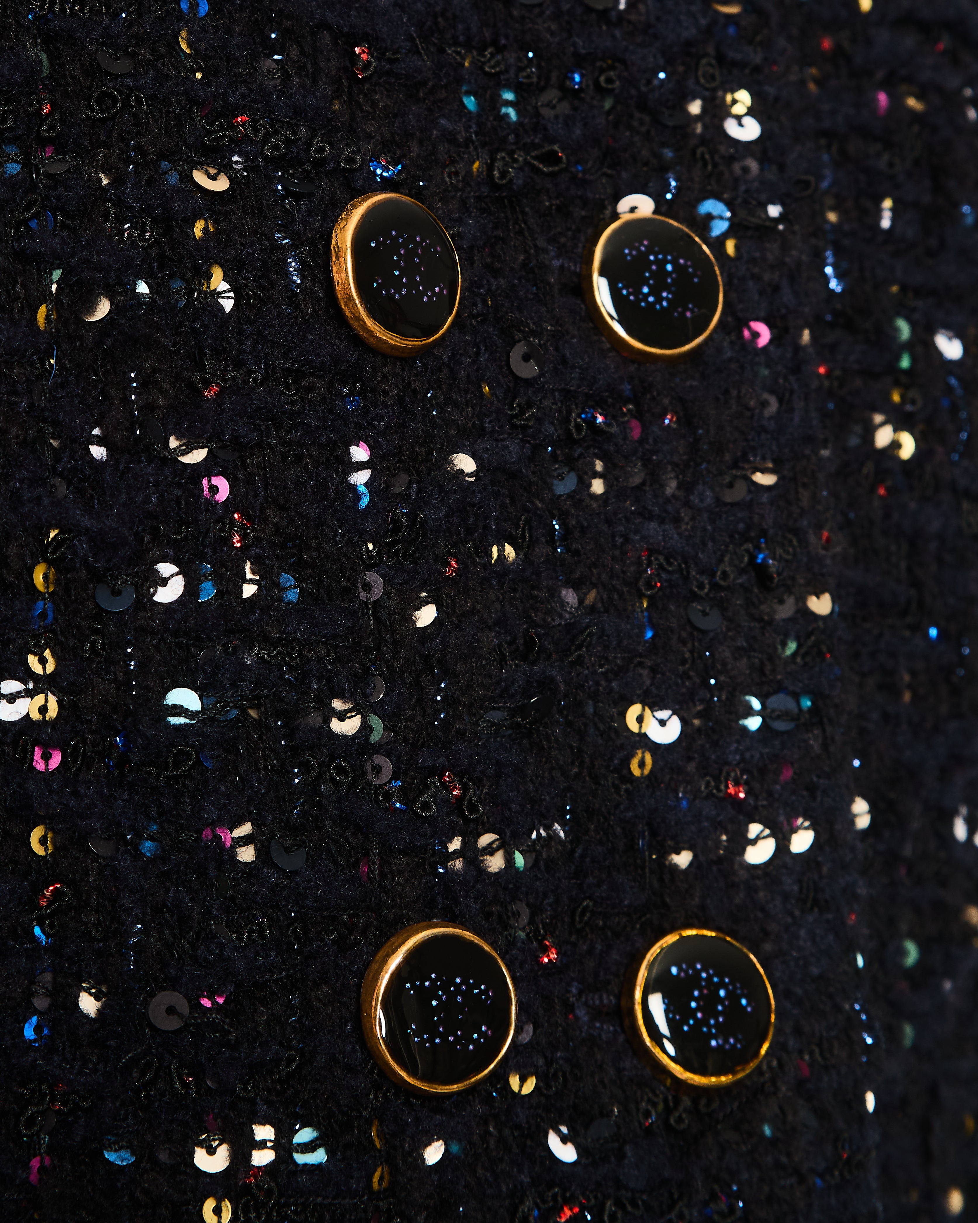 Chanel 2021 Le Chateau des Dames Navy Tweed Jacket with Multi-Colour Sequin Embellishments and Gold and Black CC Logo Buttons Size FR 34 (UK 6)