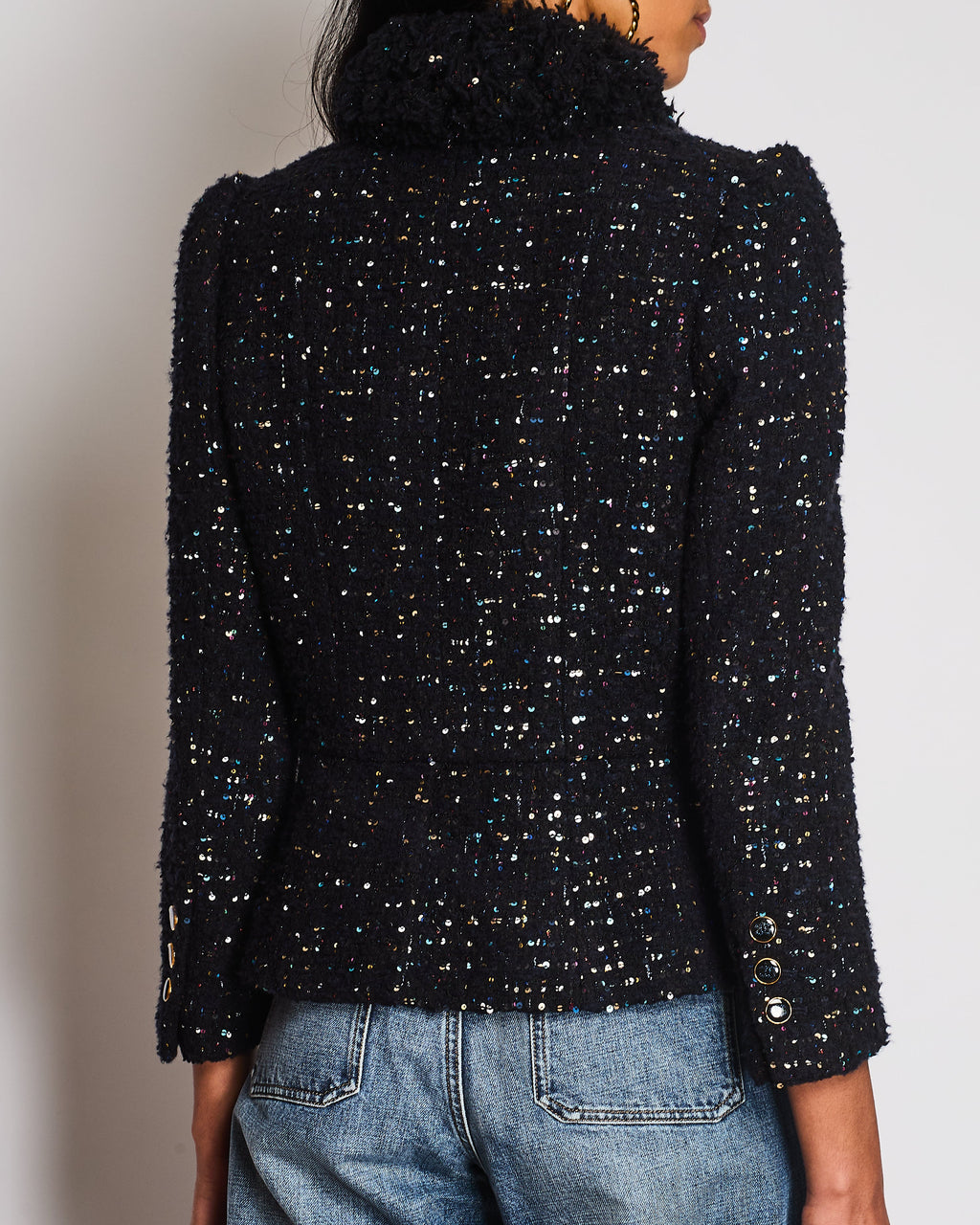 Chanel 2021 Le Chateau des Dames Navy Tweed Jacket with Multi-Colour Sequin Embellishments and Gold and Black CC Logo Buttons Size FR 34 (UK 6)