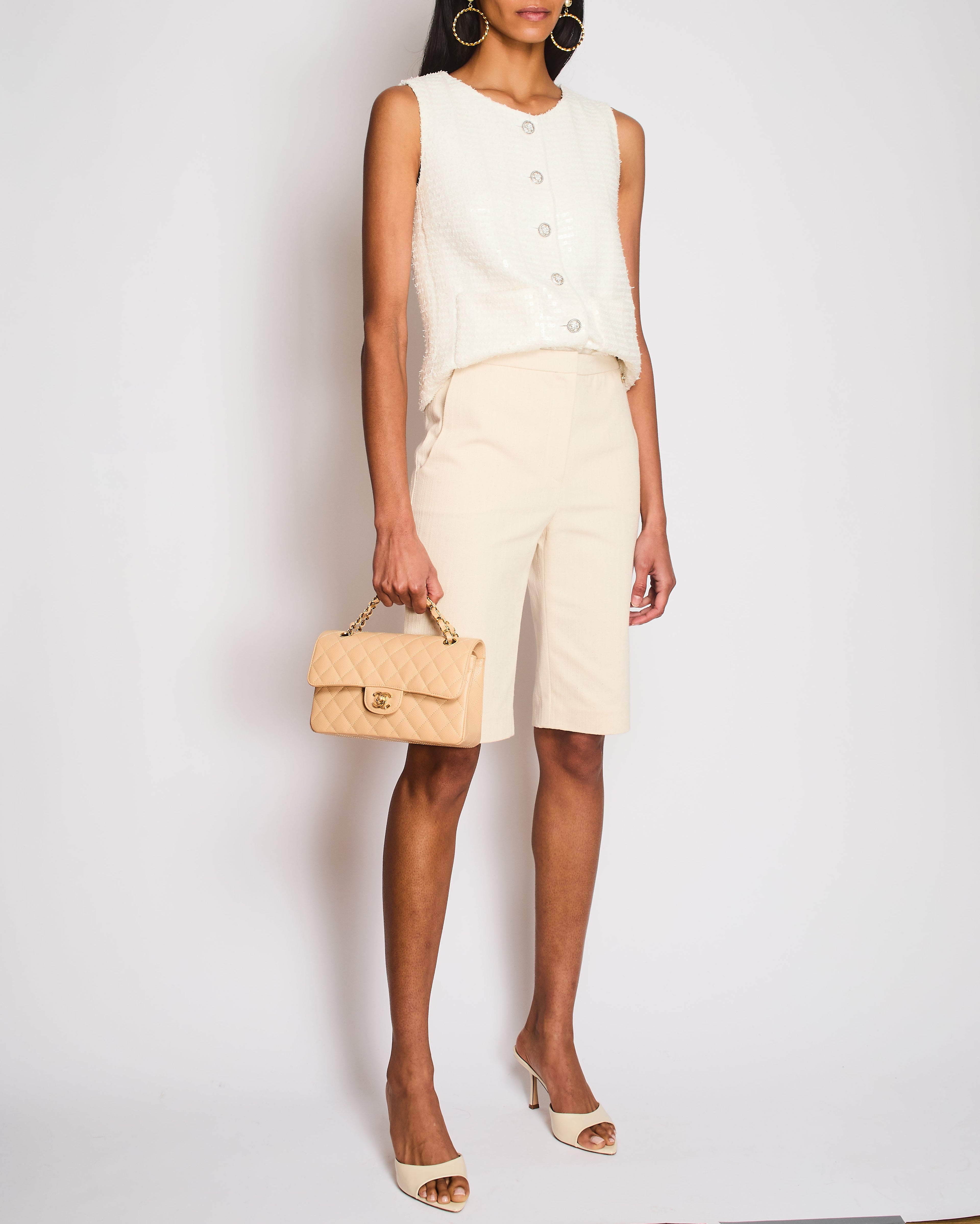 Chanel Cream Bermuda Shorts with Gold and Silver CC Logo Button Detail Size FR 36 (UK 8)