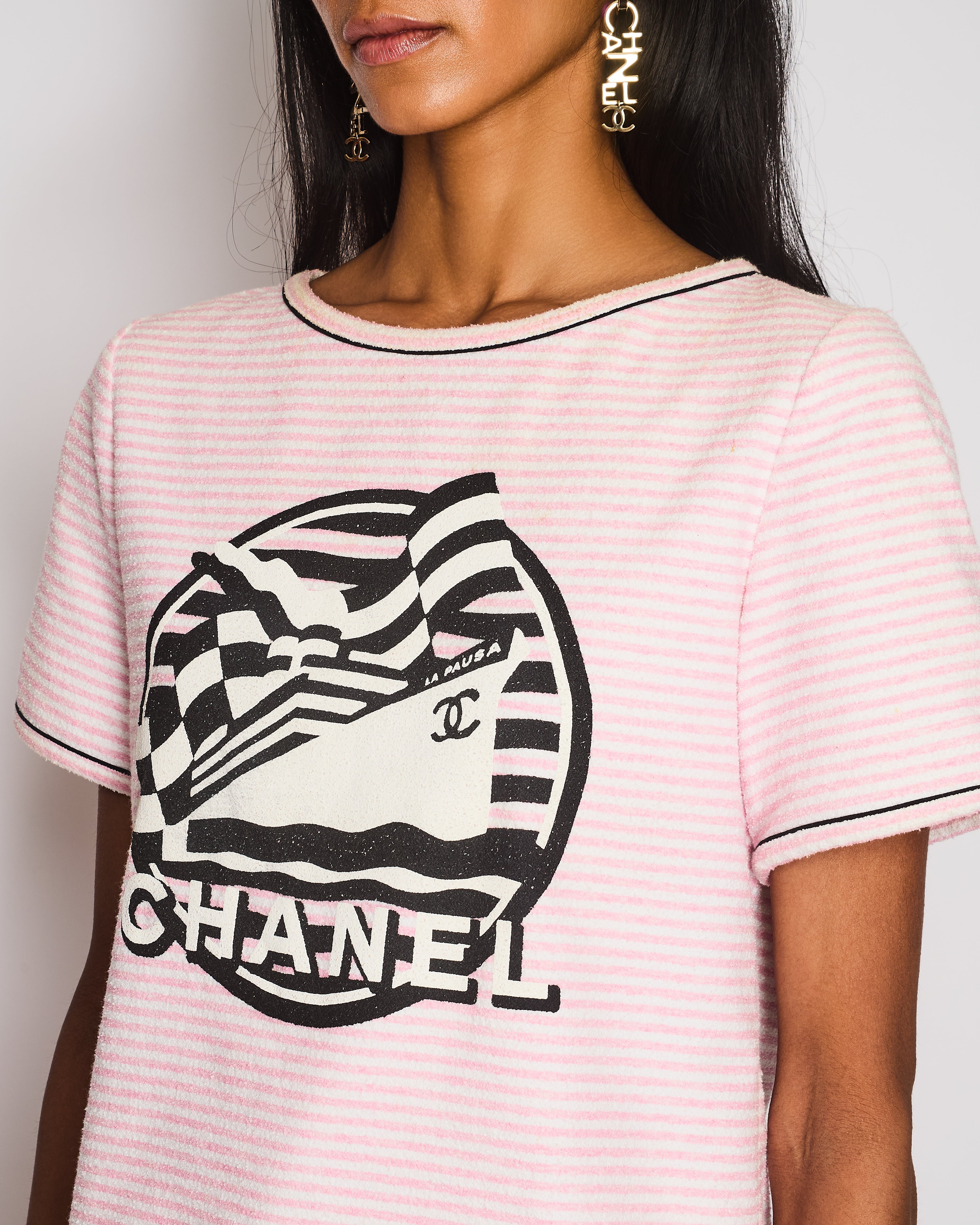 Chanel Cruise 2019 Pink and White Striped Terrycloth La Pausa T-Shirt with Black and White Logo Print Size FR 40 (UK 12)