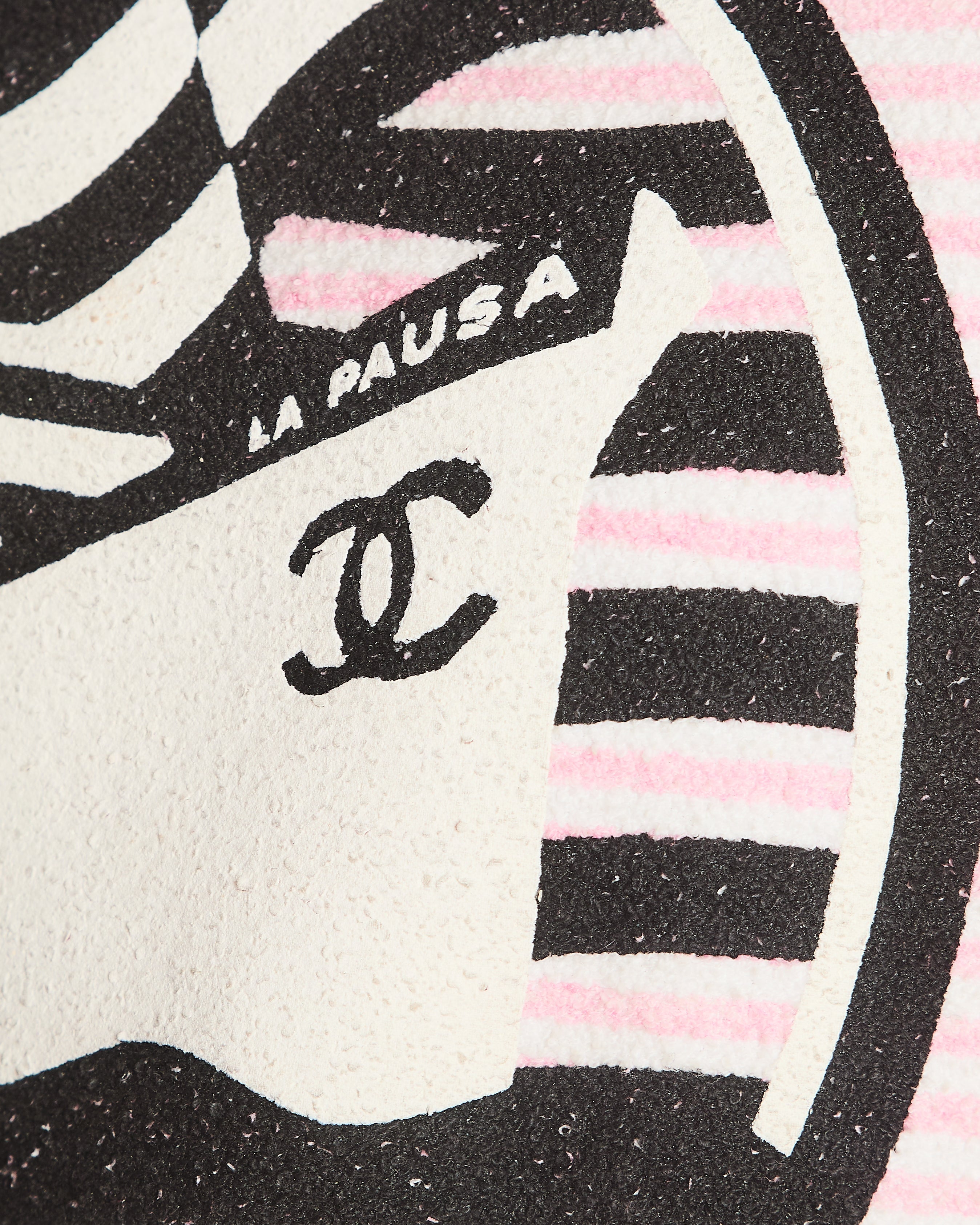 Chanel Cruise 2019 Pink and White Striped Terrycloth La Pausa T-Shirt with Black and White Logo Print Size FR 40 (UK 12)