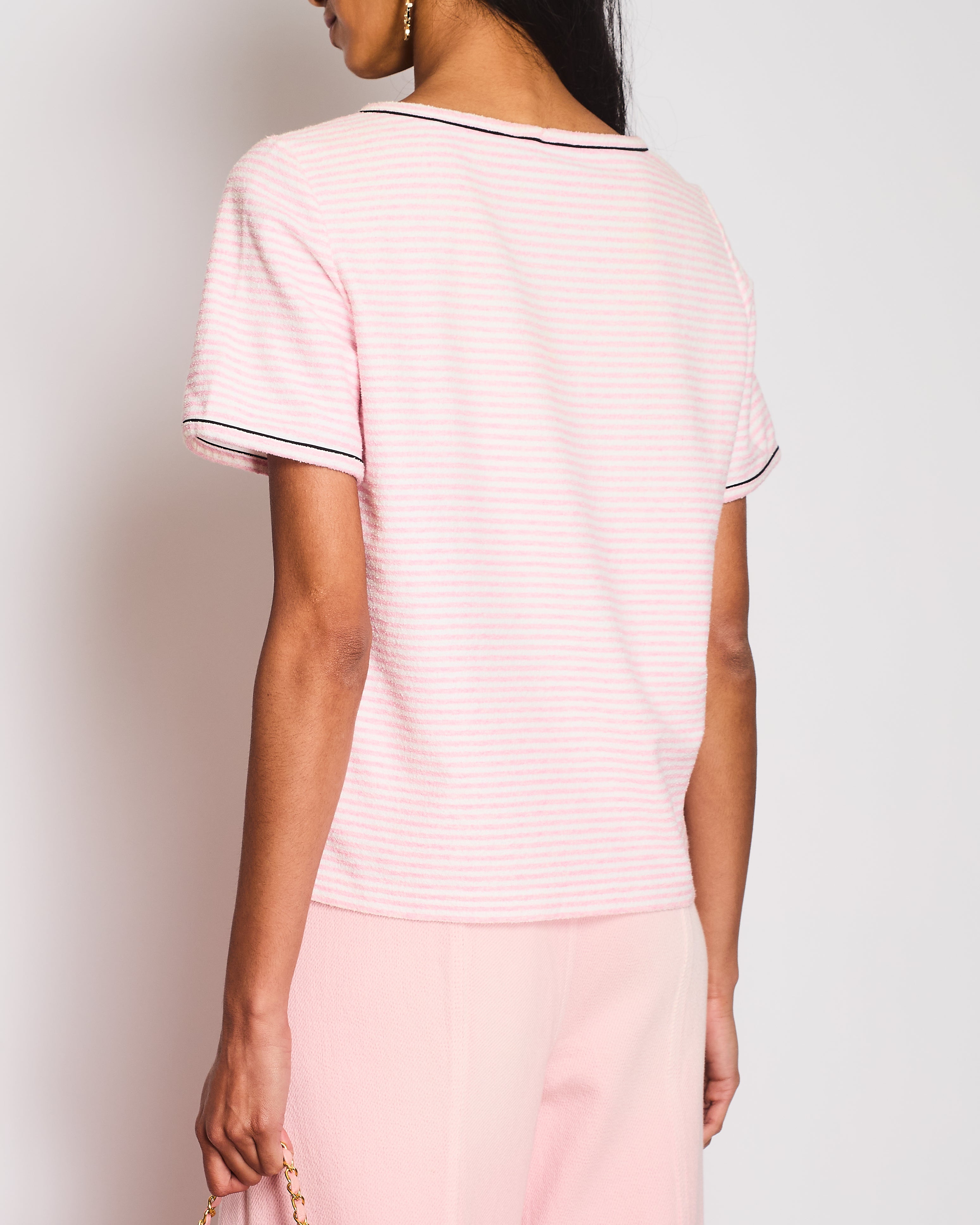 Chanel Cruise 2019 Pink and White Striped Terrycloth La Pausa T-Shirt with Black and White Logo Print Size FR 40 (UK 12)