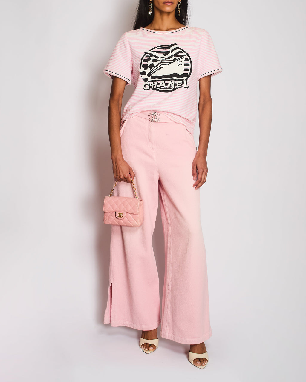 Chanel 19/P Pink Cotton Wide-Leg Trousers with Silver CC Logo Buckle and Back Calfskin Leather Logo Patch Size FR 36 (UK 8)