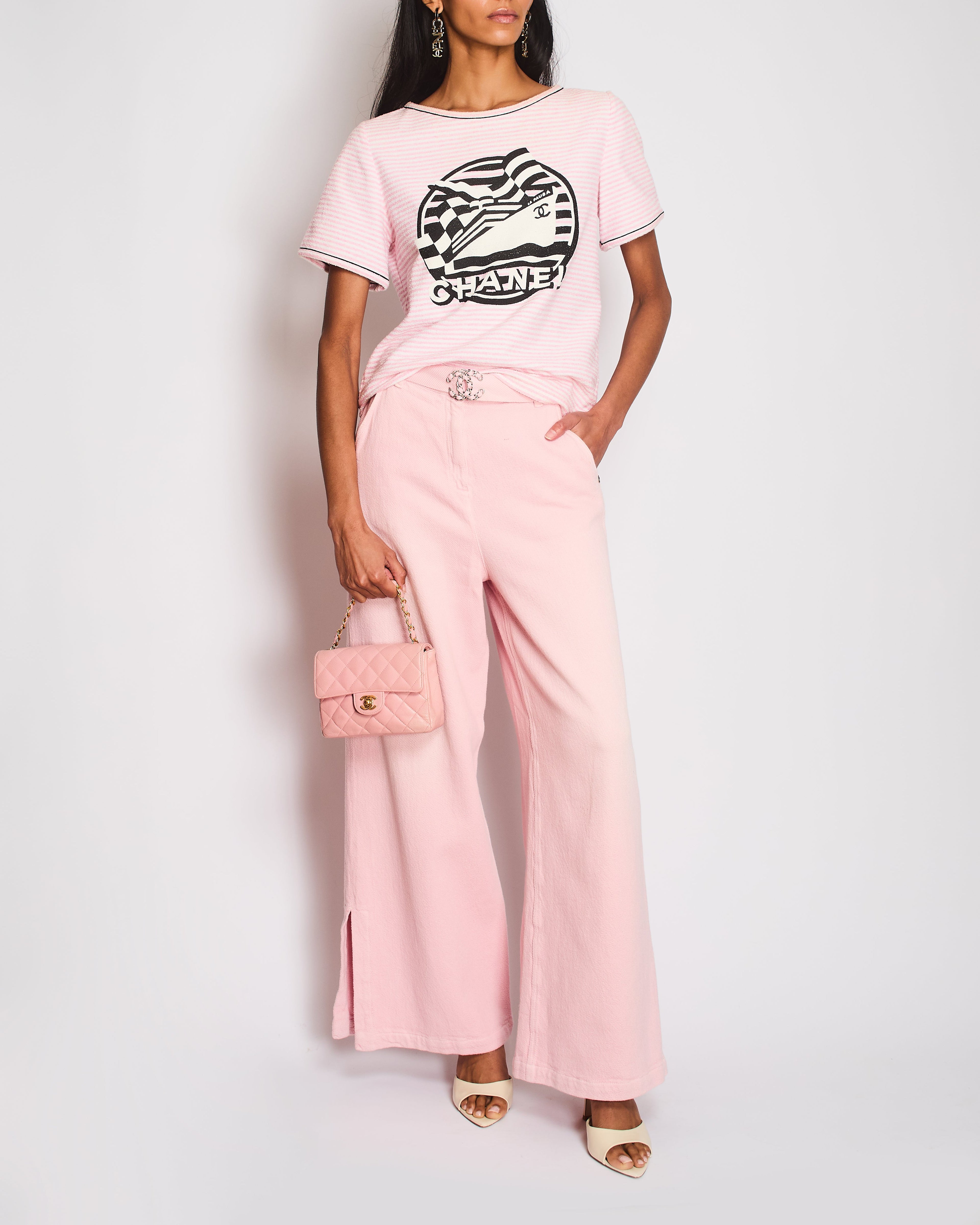 Chanel 19/P Pink Cotton Wide-Leg Trousers with Silver CC Logo Buckle and Back Calfskin Leather Logo Patch Size FR 36 (UK 8)