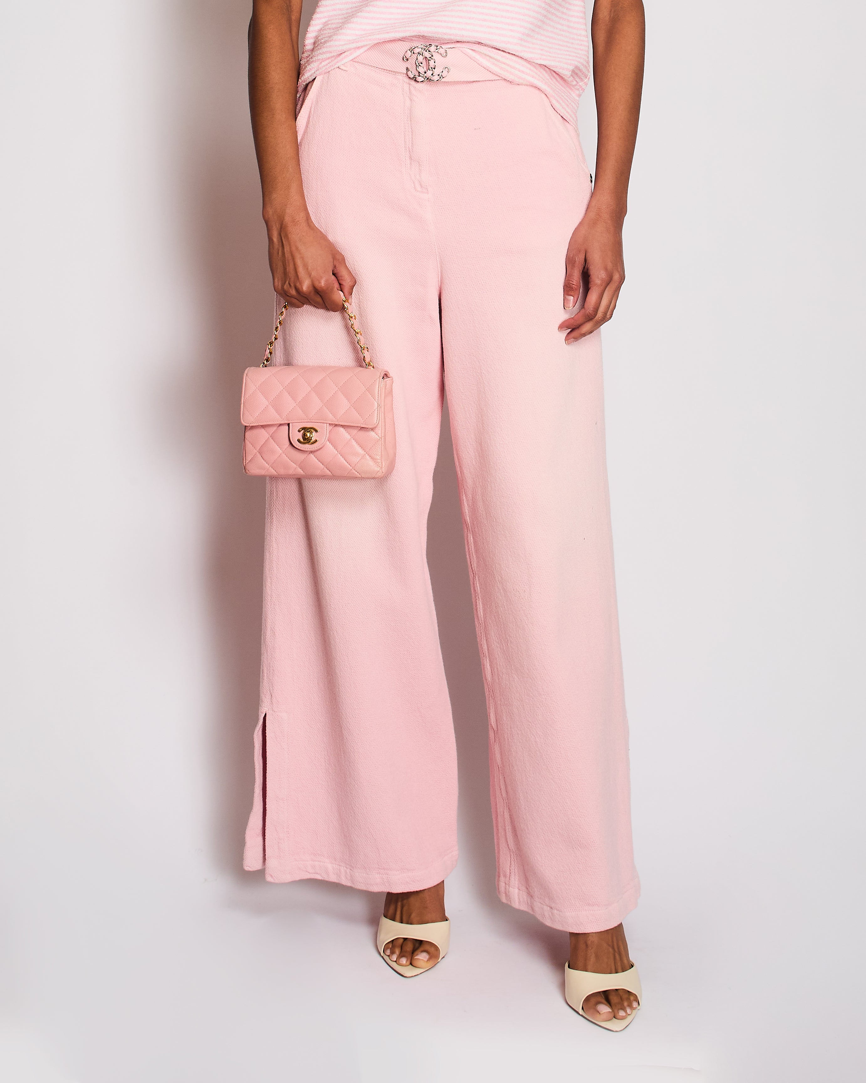 Chanel 19/P Pink Cotton Wide-Leg Trousers with Silver CC Logo Buckle and Back Calfskin Leather Logo Patch Size FR 36 (UK 8)