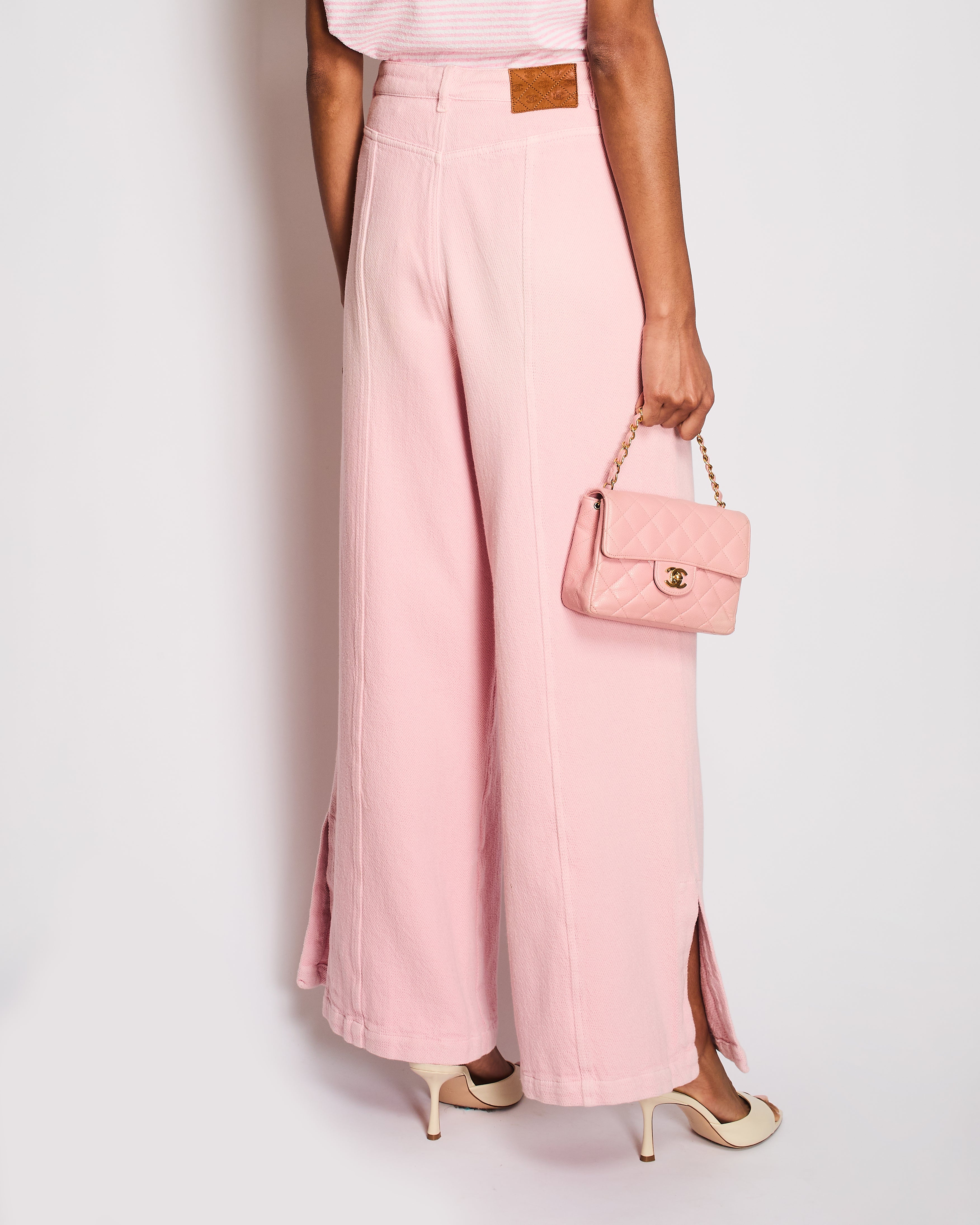 Chanel 19/P Pink Cotton Wide-Leg Trousers with Silver CC Logo Buckle and Back Calfskin Leather Logo Patch Size FR 36 (UK 8)