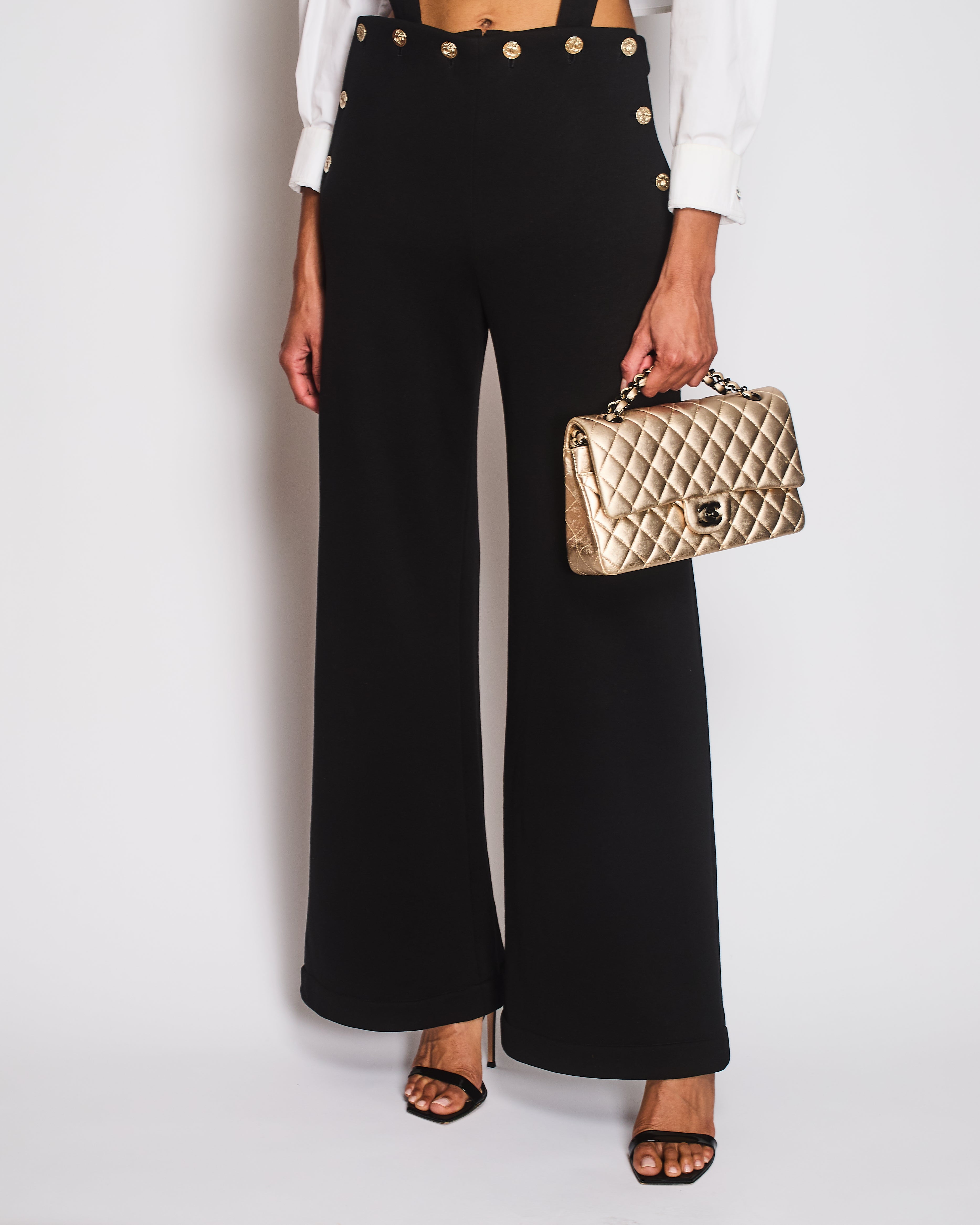 Chanel Black Wide-Leg Trousers with Cross Strap and CC Button Detail Size FR 36 (UK 8) Chanel Black Wide-Leg Trousers with Cross Strap Detail Size FR 36 (UK 8)