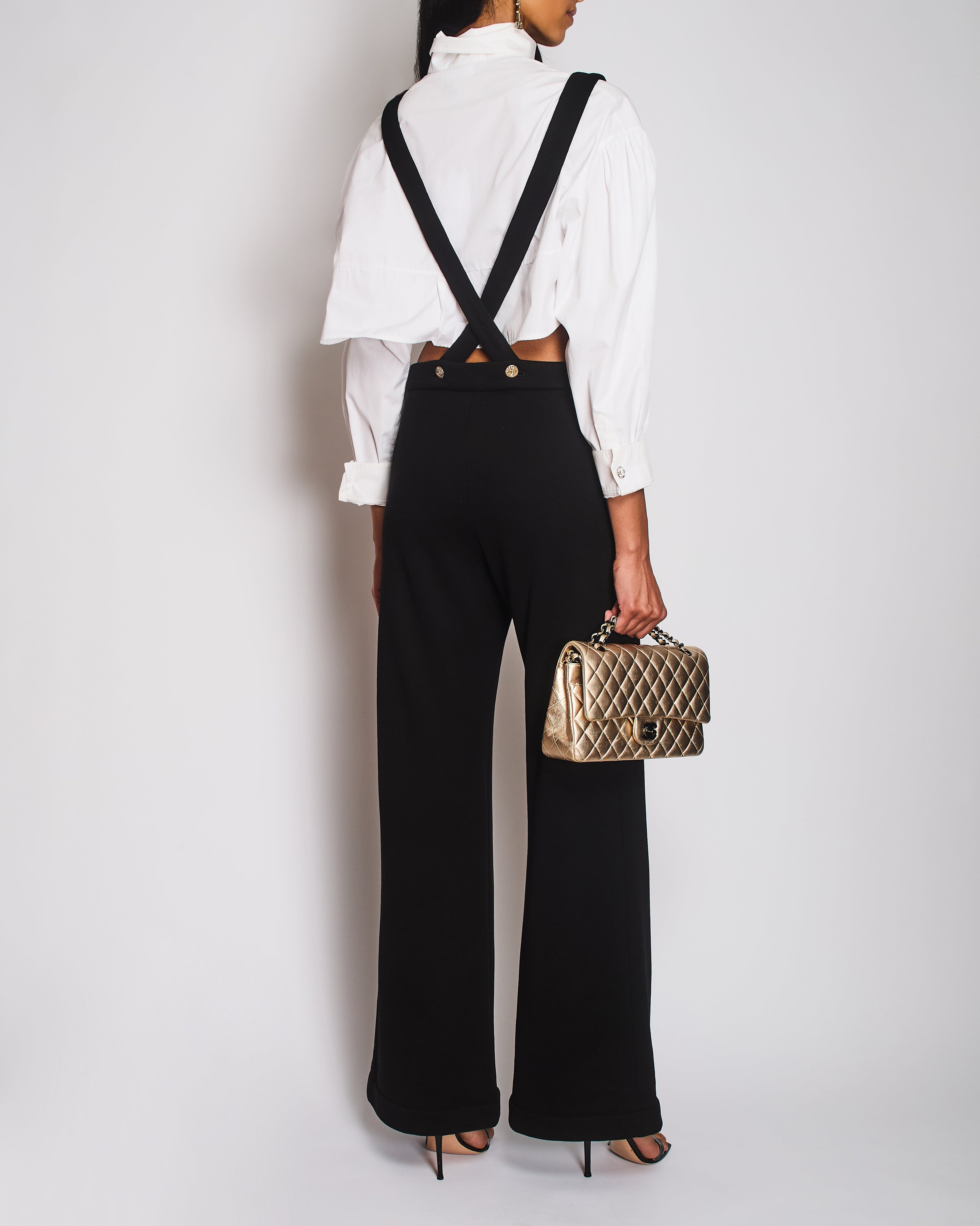 Chanel Black Wide-Leg Trousers with Cross Strap and CC Button Detail Size FR 36 (UK 8) Chanel Black Wide-Leg Trousers with Cross Strap Detail Size FR 36 (UK 8)