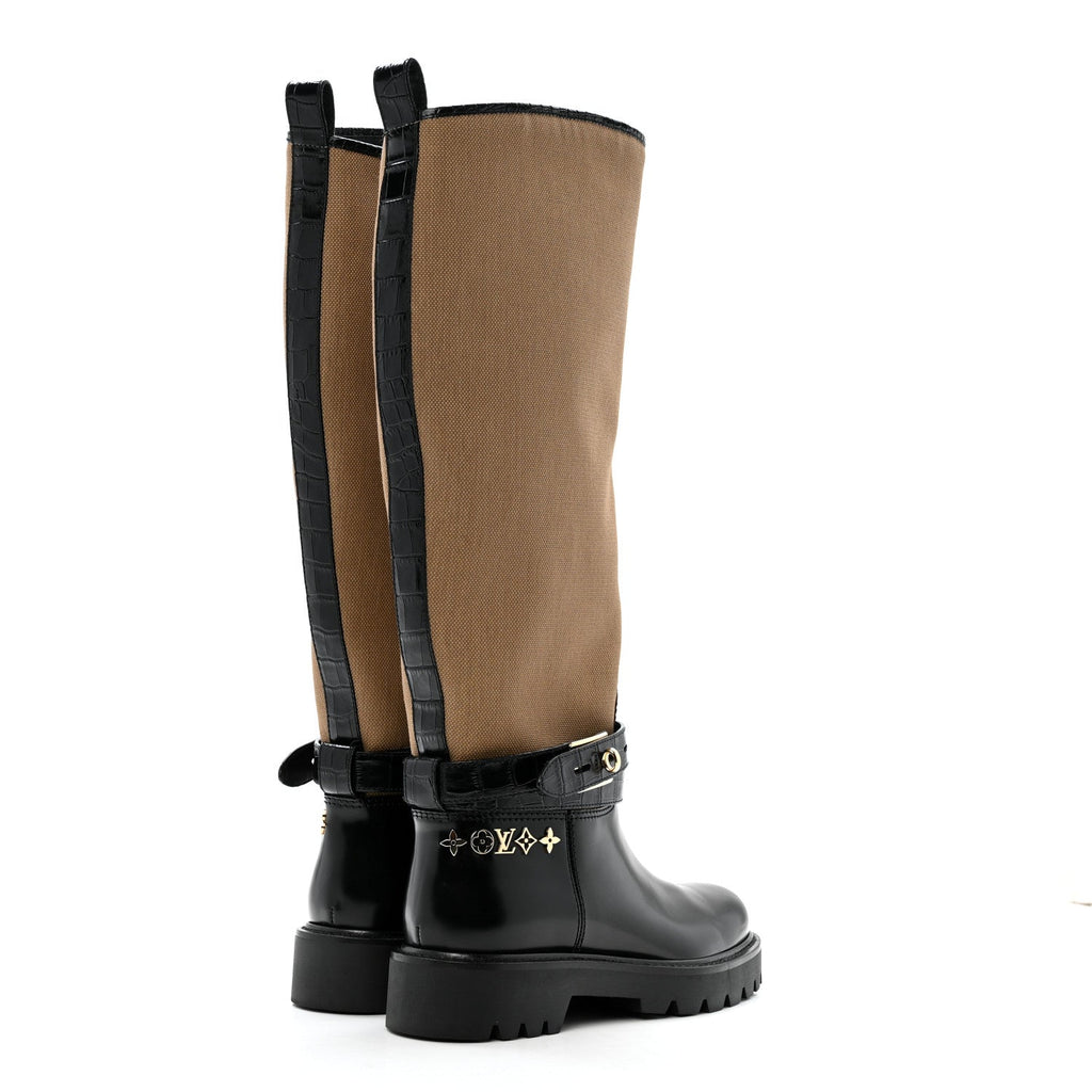 Louis Vuitton Canvas Calfskin Territory Flat High Ranger Boots 37 Khaki