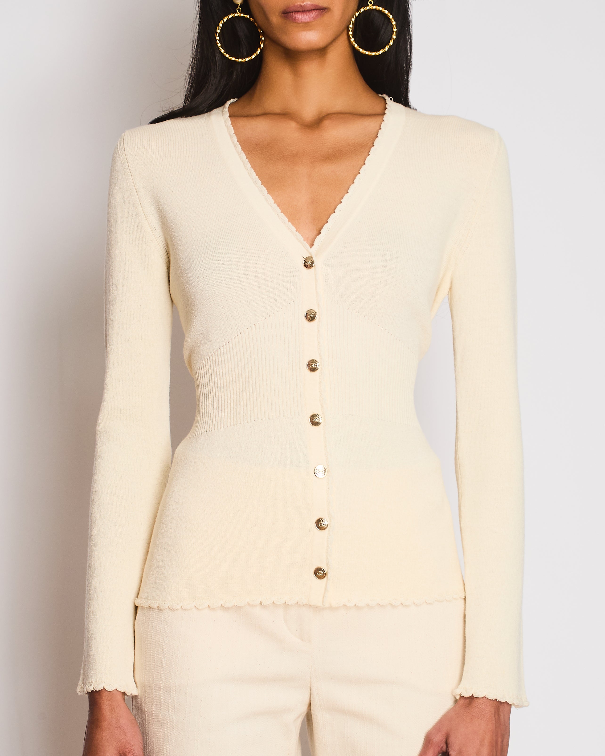Chanel Ivory Ribbed Long Sleeve Cardigan with Scalloped Edge Detail Size FR 38 (UK 10)