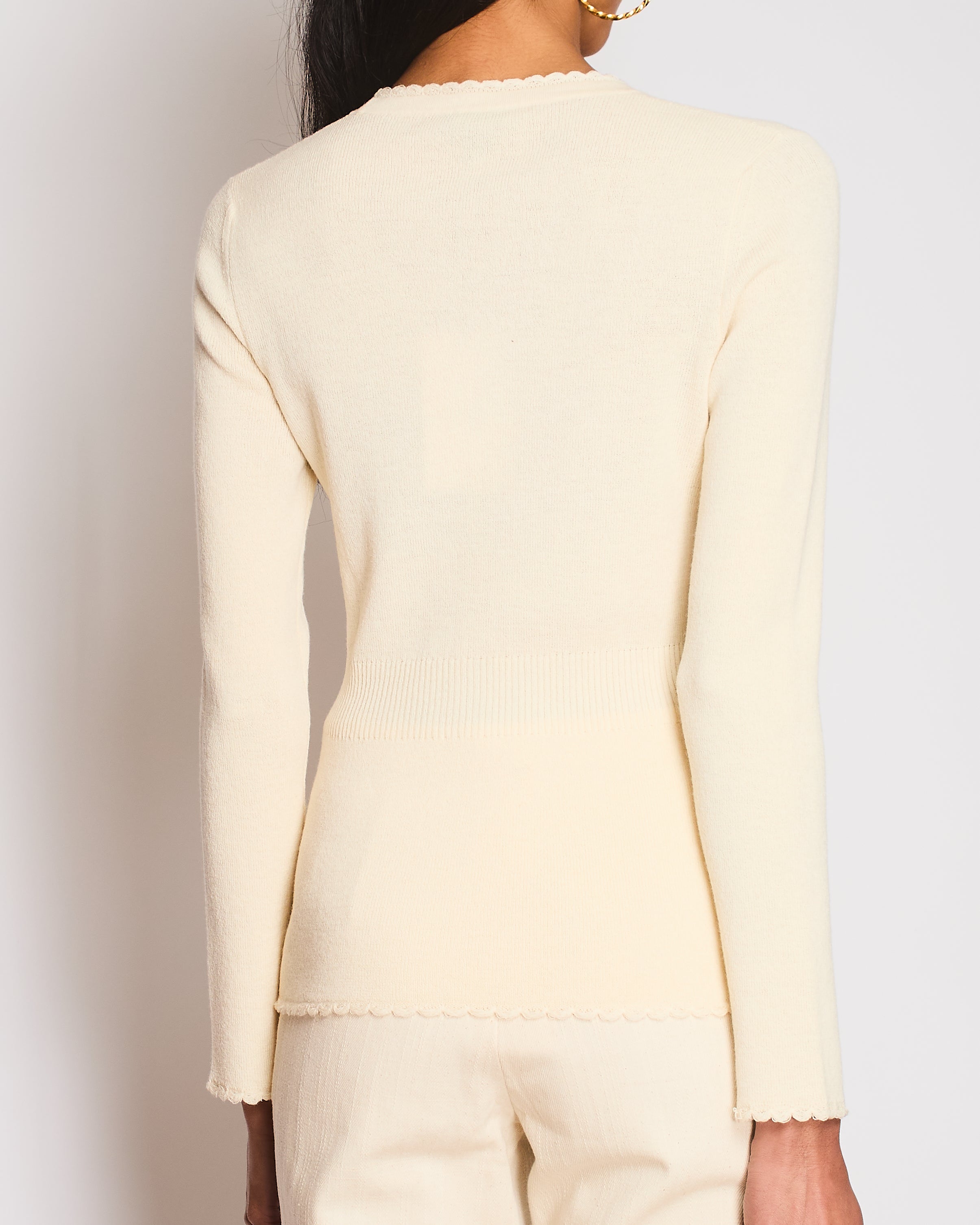 Chanel Ivory Ribbed Long Sleeve Cardigan with Scalloped Edge Detail Size FR 38 (UK 10)