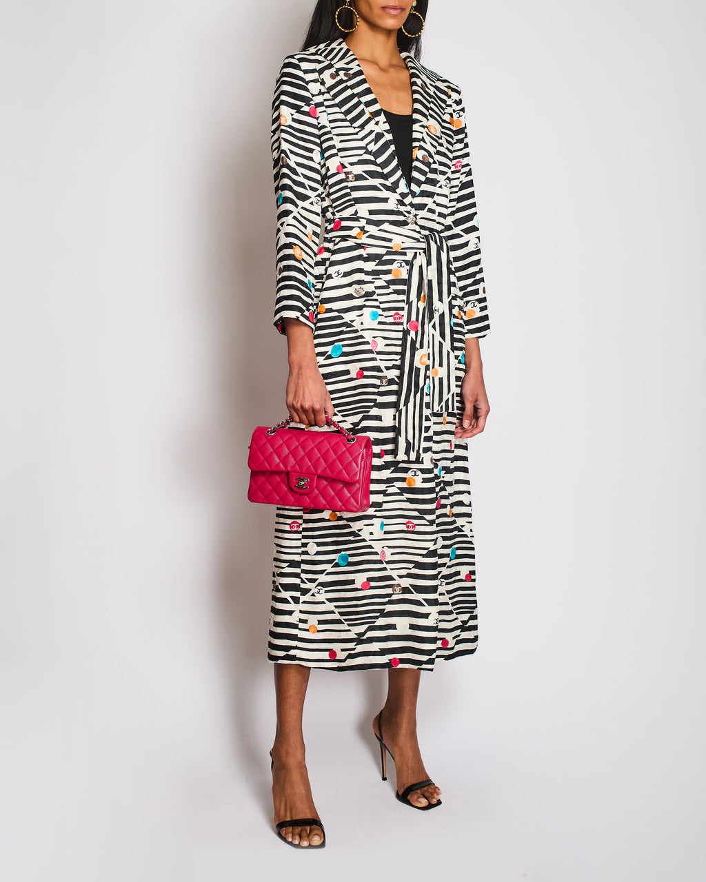 Chanel 24/SS Black And Cream Striped Silk Coat With Multicolour CC Round Logo and CC Button Details  Size FR 34 (UK 6)