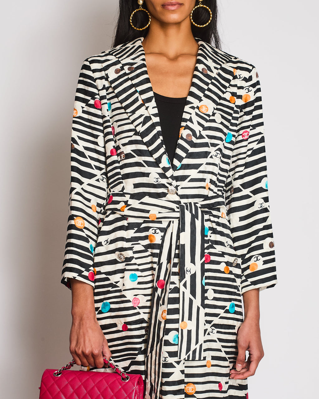 Chanel 24/SS Black And Cream Striped Silk Coat With Multicolour CC Round Logo and CC Button Details  Size FR 34 (UK 6)